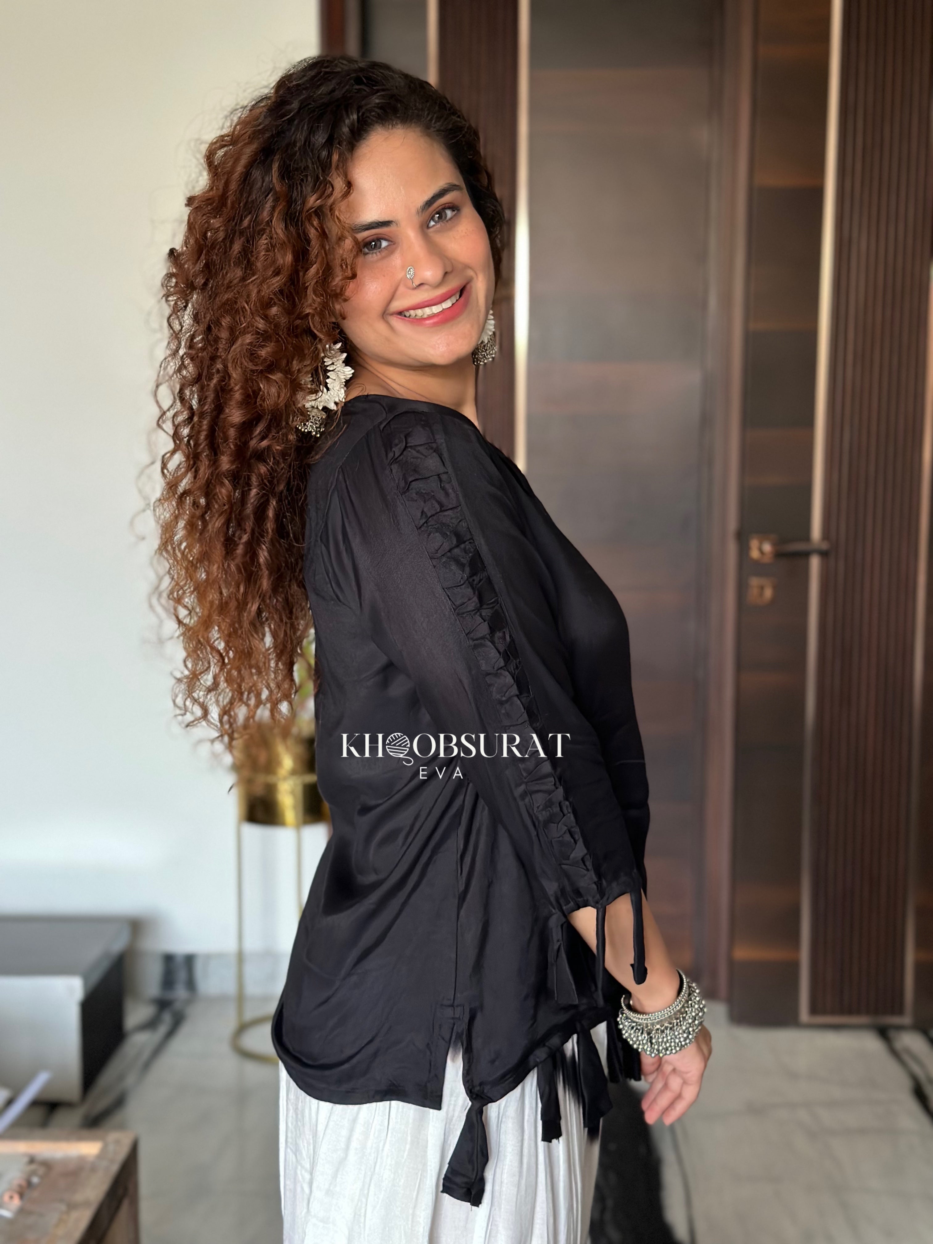 Stylish Black Top with Tulip Pants Set - Women's Fashion Outfit for Casual Wear, Office & Date Night
