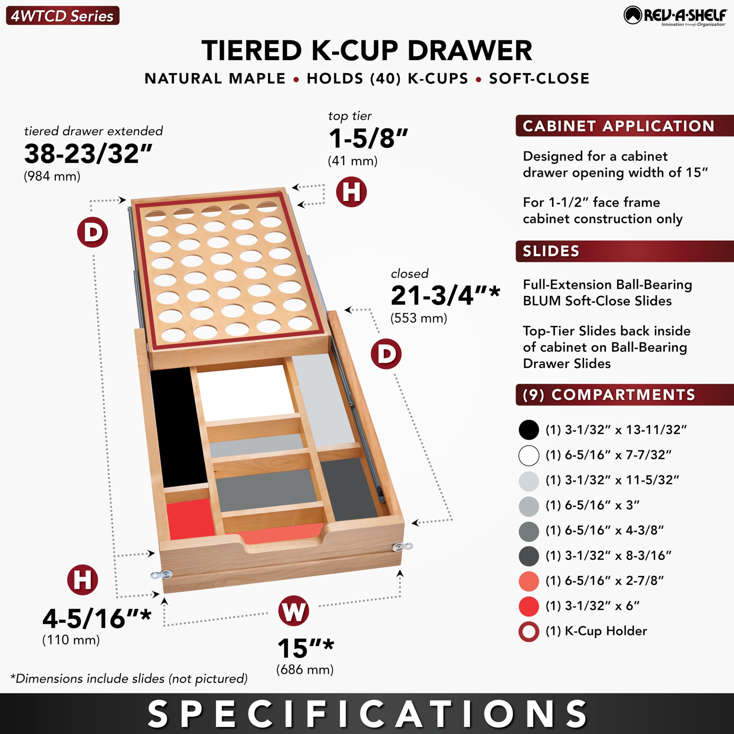Rev-A-Shelf 15-Inch 2-Tier Cutlery and Utensil Drawer Organizer with K-Cup Tray & Soft-Close Slides - Perfect for Kitchen Drawer Organization and Coffee Pod Storage (Model: 4WTCD-18HSC-KCUP-1)