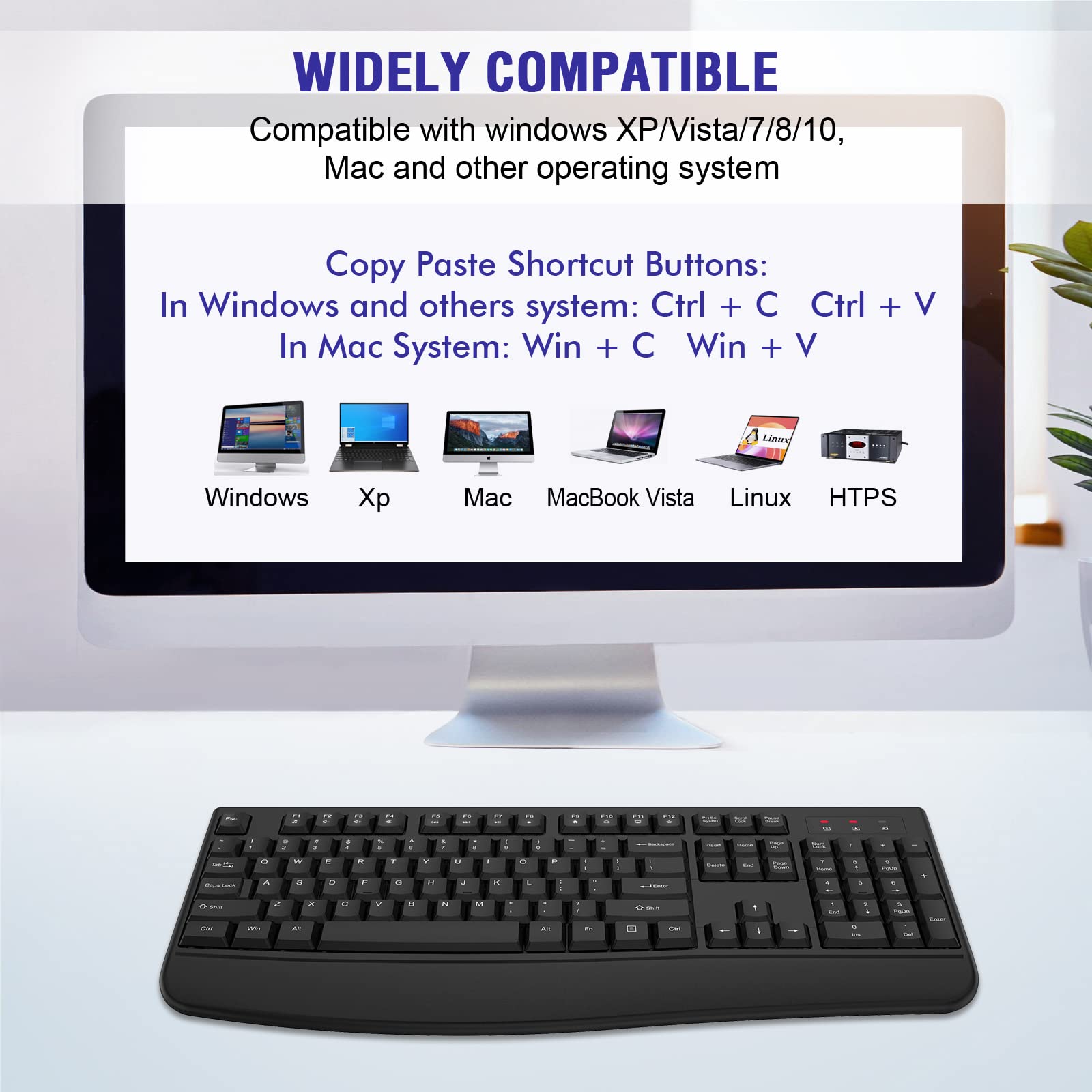 Ergonomic 2.4G Wireless Keyboard with Wrist Rest - Full-Sized Comfort for Windows & Mac - Perfect for Office, Home & Gaming (Black)