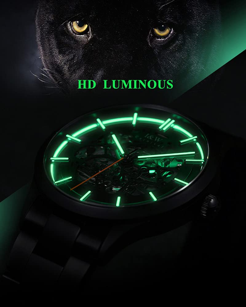 LOREO Men's Automatic Watch - Luminous Skeleton Dial, Black Stainless Steel, Synthetic Sapphire, Waterproof Military Casual Sports Watch for Everyday Wear & Outdoor Activities