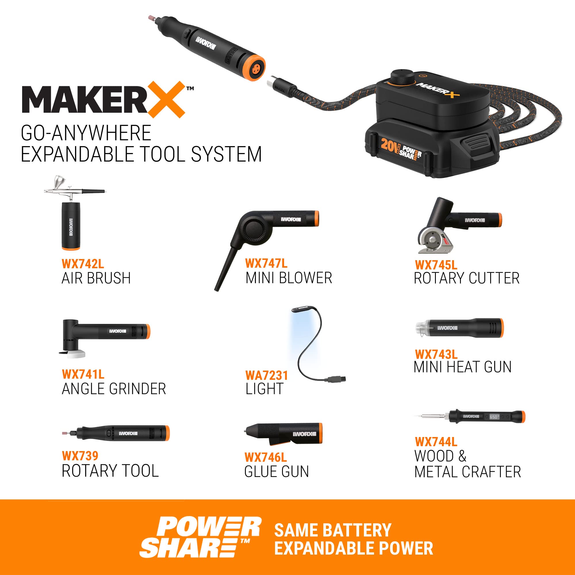 Worx WX996L MAKERX 6-in-1 Multi-Tool Kit with Rotary Tool, Wood & Metal Crafter, Airbrush, Heat Gun, Grinder & LED Flex Light - Perfect for DIY Projects, Home Repairs & Crafting in Portable Carry Bag