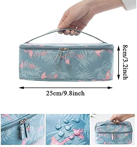 SKYFUN 17cm Foldable Nylon Travel Makeup Bag with Adjustable Dividers & Handles - Blue Flamingo Print Cosmetic Organizer for Bathroom, Train Case, Travel Essentials & Toiletry Storage