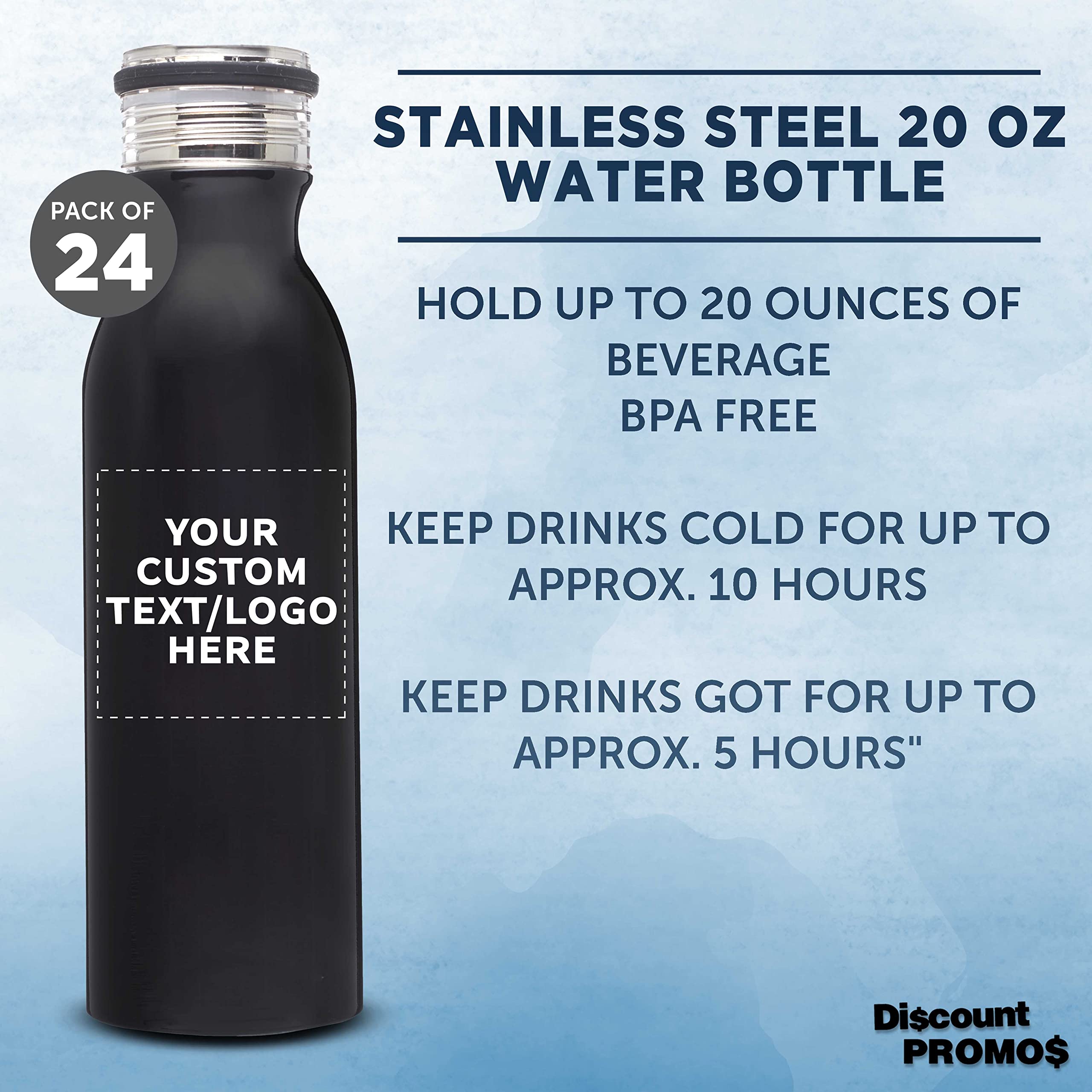 Echo 20 oz Custom Stainless Steel Water Bottles - Double Wall Insulated Bulk Pack of 24 - Personalized Black Drinkware for Coffee, Soda, Hot & Cold Beverages - Perfect for Office, Gym, Camping & Outdoor Activities