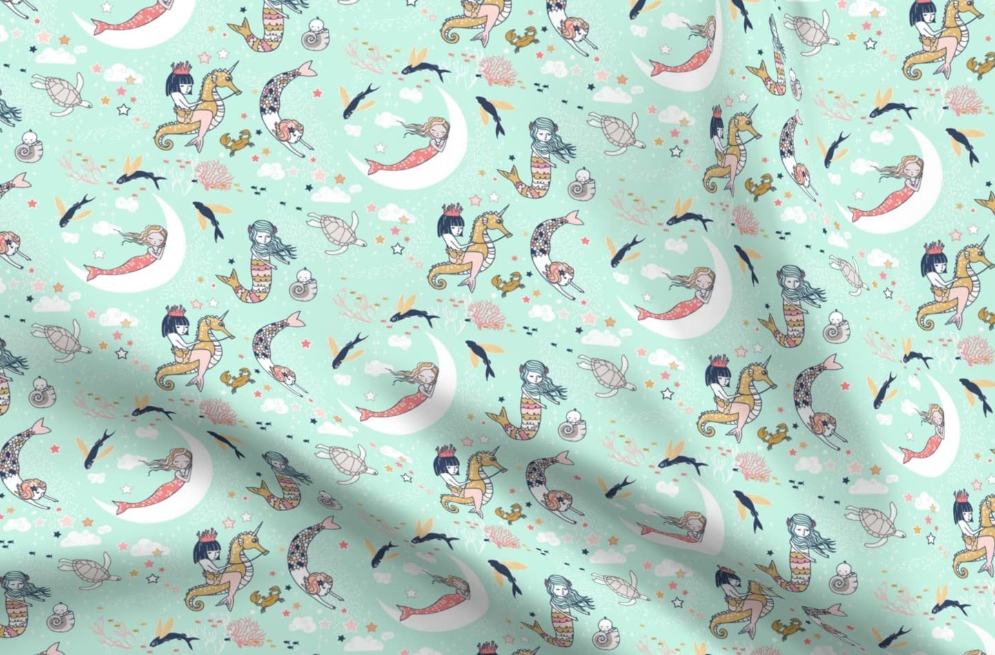 Mermaid Lullaby Mint Navy Coral Gold Printed Minky Fabric Fat Quarter - Soft Plush Fabric for Baby Blankets, Quilt Backing & Sewing Projects - Underwater Theme Nursery Decor