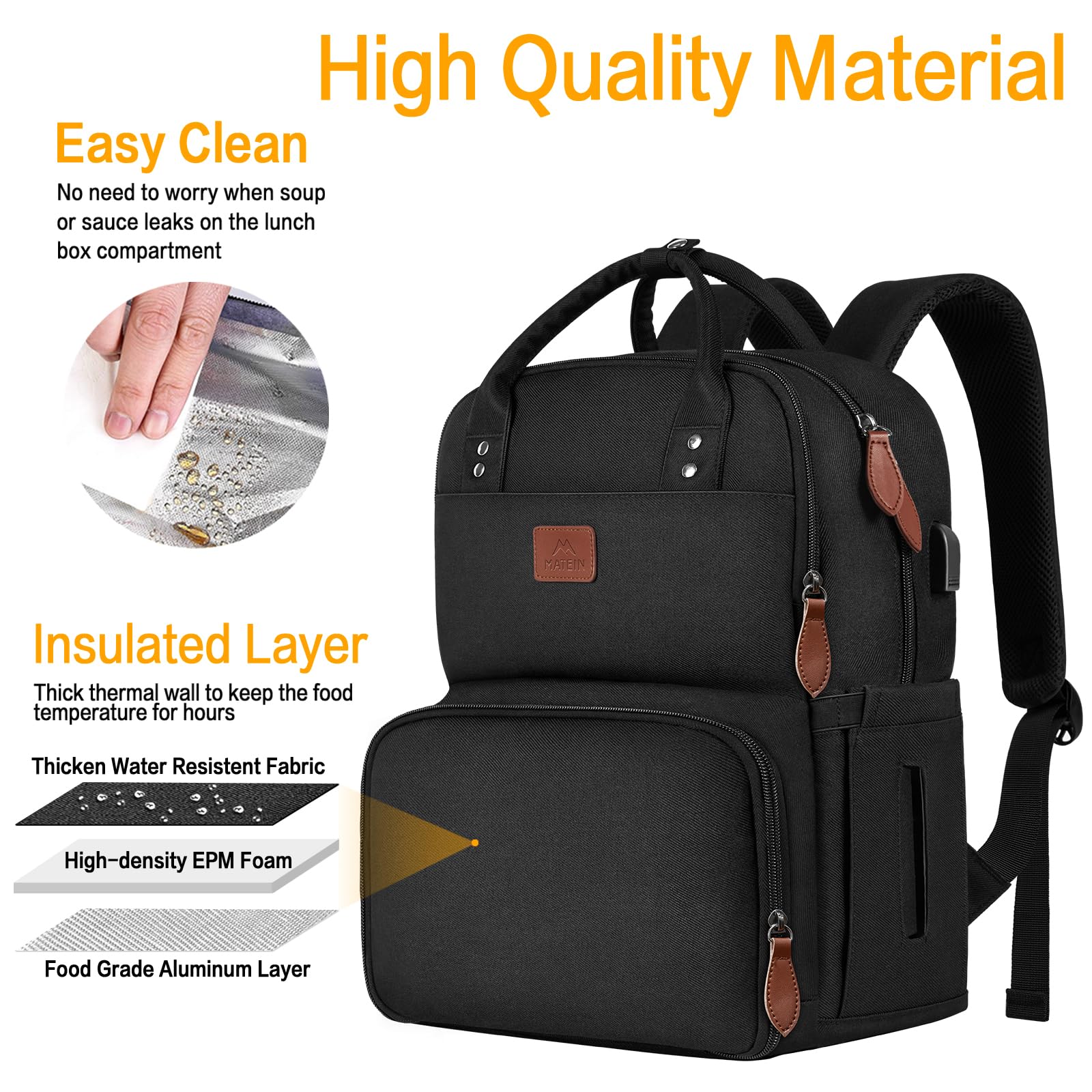 MATEIN 17 Inch Insulated Lunch Backpack - Extra Large Water Resistant Cooler Bag with USB Charging Port | Perfect for College, Work, Picnics & Beach Outings | Keep Food Fresh & Devices Charged On-The-Go