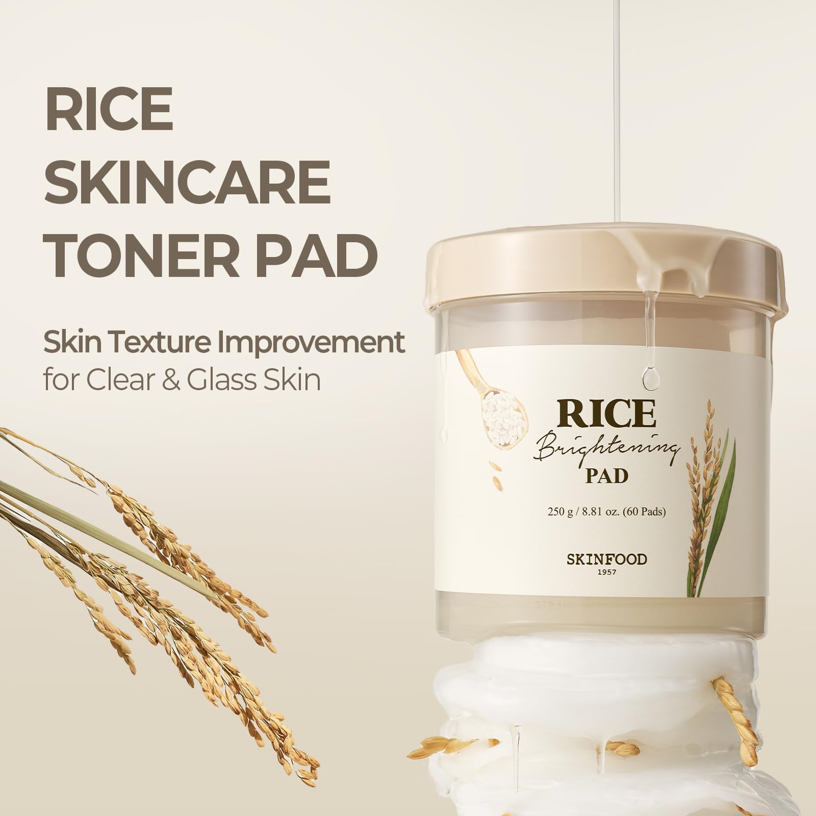 SKINFOOD Rice Daily Toner Pads - Korean Skincare Exfoliating & Hydrating Face Toner with 100% Cotton Pads | Natural Rice Water Milk for Glowing Glass Skin | Vegan, 8.81 oz (60 Pads) | Perfect for Daily Skincare Routine & Travel