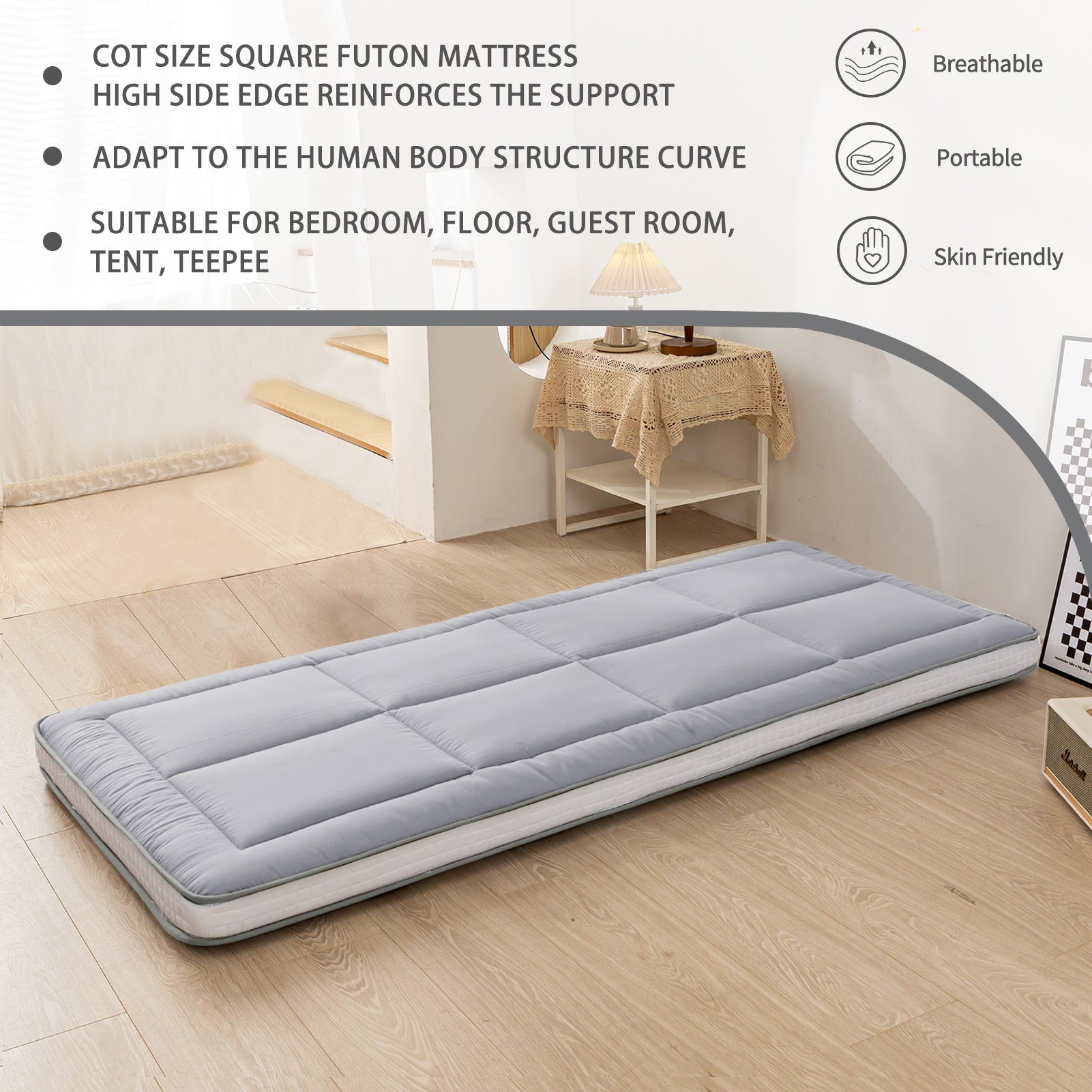 MAXYOYO Japanese Floor Mattress - Extra Thick Padded Tatami Mat for Sleeping & Lounging, Grey Style | Perfect for Guest Beds, Meditation, Yoga & Small Space Living