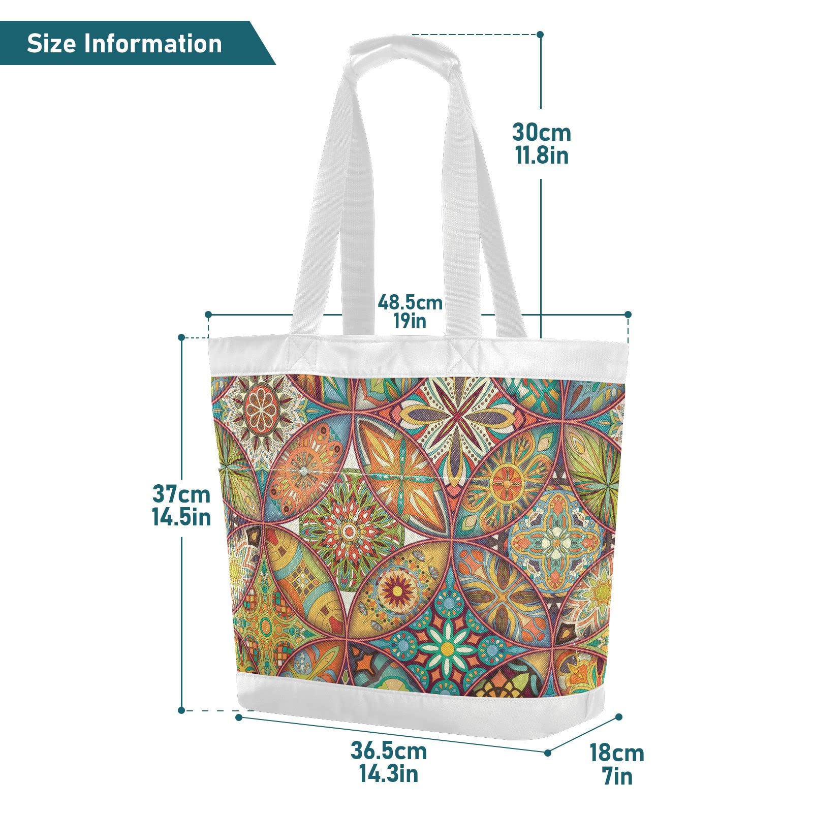 J JOYSAY Large Ethnic Floral Mandala Mesh Beach Tote Bag for Women - Stylish Travel, Overnight & Gym Bag - Perfect for Beach Vacations, Pool Parties & Summer Outings