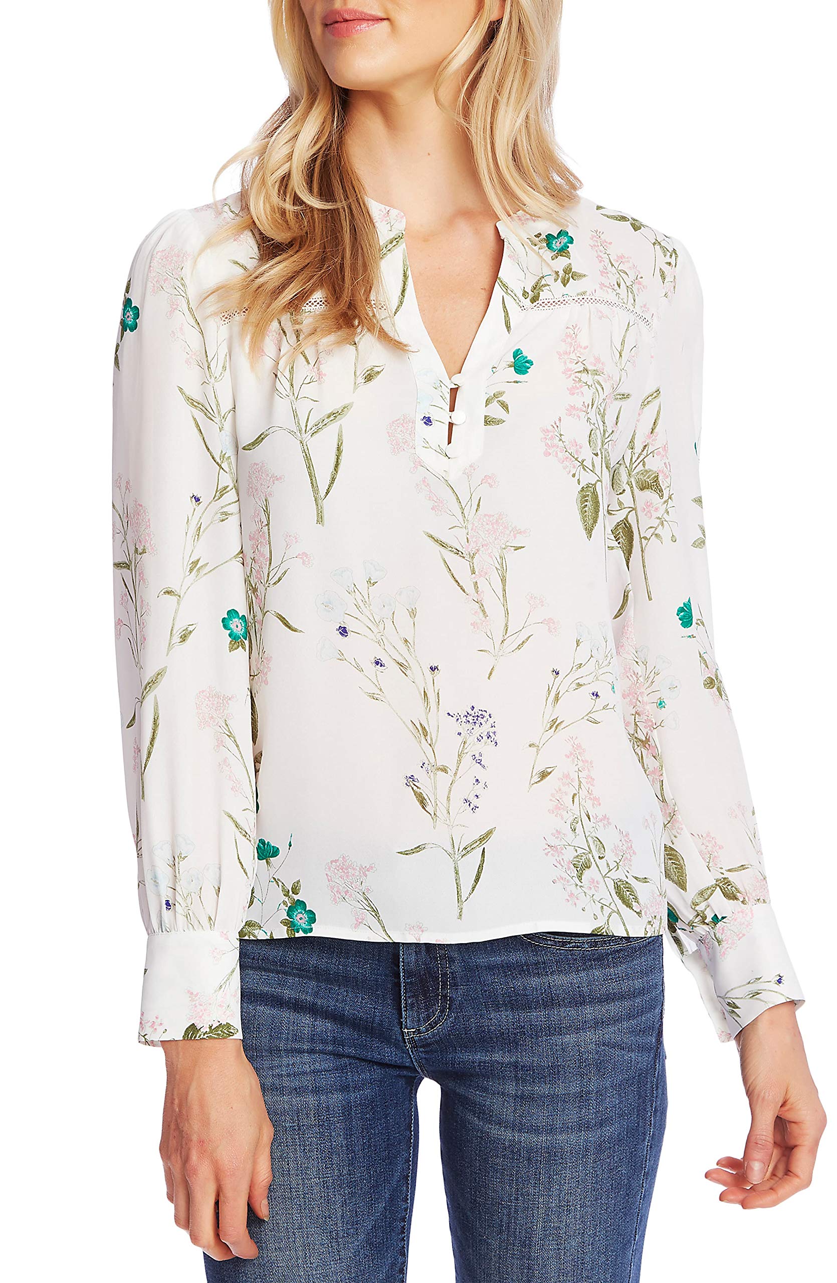 CeCe Women's Winter Botanical Crochet-Trim Blouse - Soft Ecru XL - Elegant Floral Top for Holiday Parties & Office Wear