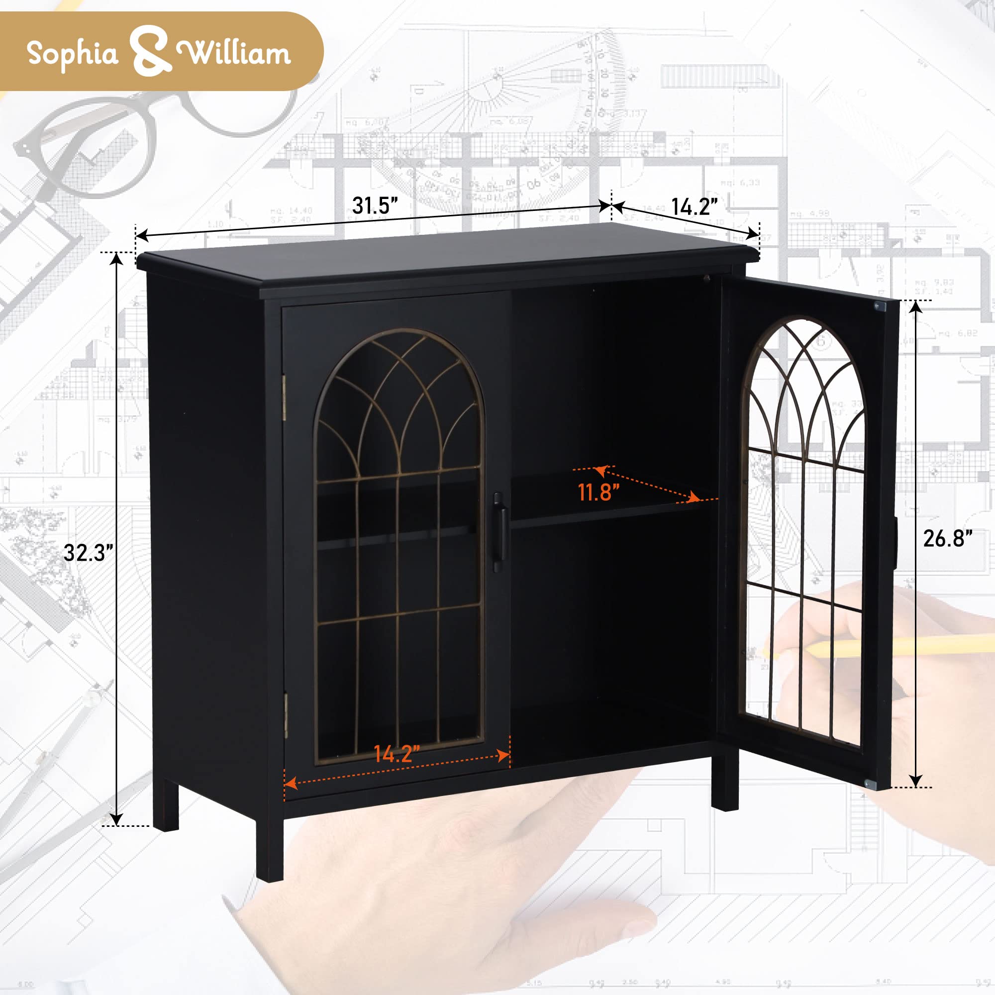 Sophia & William Sideboard Buffet Cabinet - Modern Accent Storage with Metal Church Window Doors for Kitchen, Dining Room & Entryway - Dark Grey Finish | Perfect for Home Decor, Entertaining & Organization