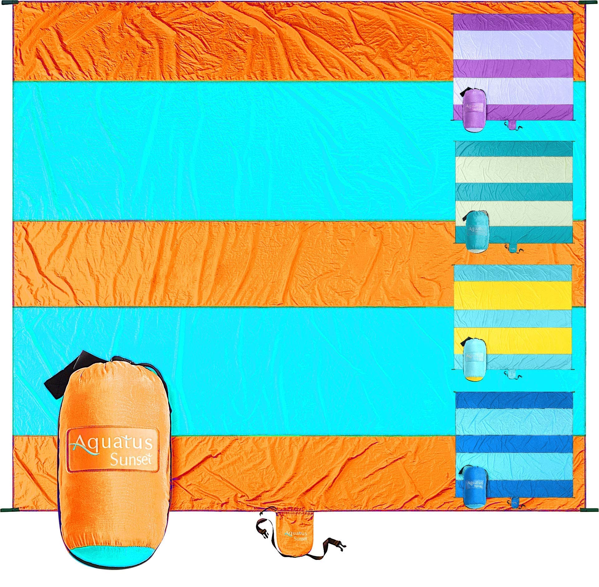 Extra Large 10ft x 9ft Sandproof Waterproof Quick Dry Beach Blanket with 4 Metal Stakes & Corner Pockets - Portable Picnic Mat for 8 Adults - Includes Carry Bag, Secure Clip & Strap - Perfect for Beach, Park, Camping & Outdoor Activities