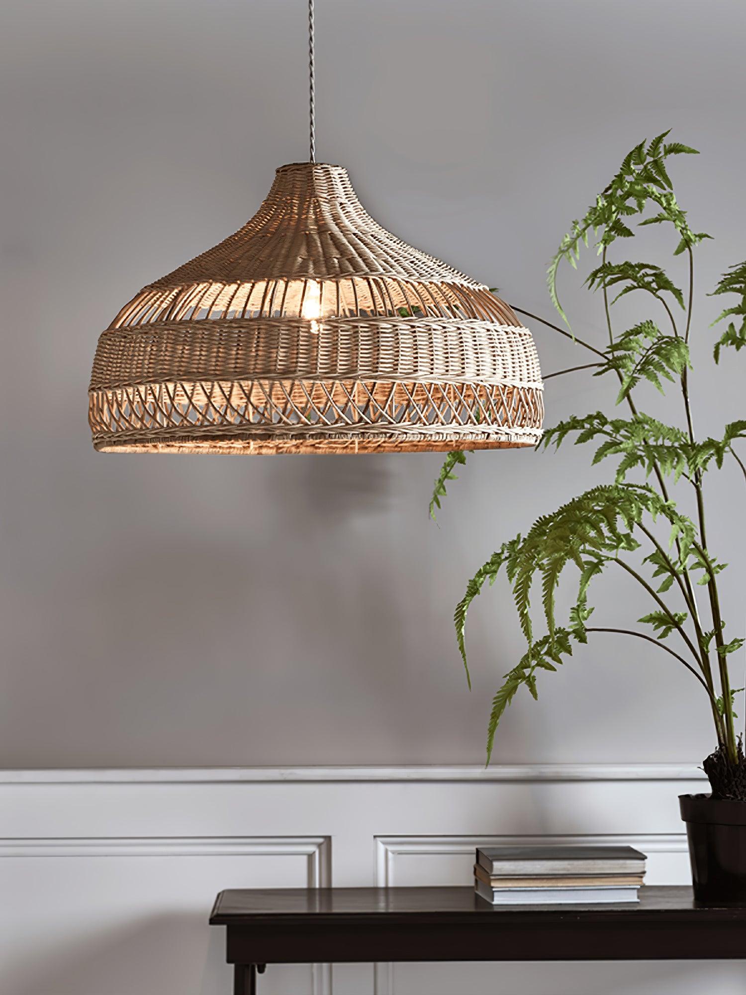 Handwoven Rattan Dome Pendant Light - Boho Chic Ceiling Fixture for Living Room, Bedroom & Dining Area