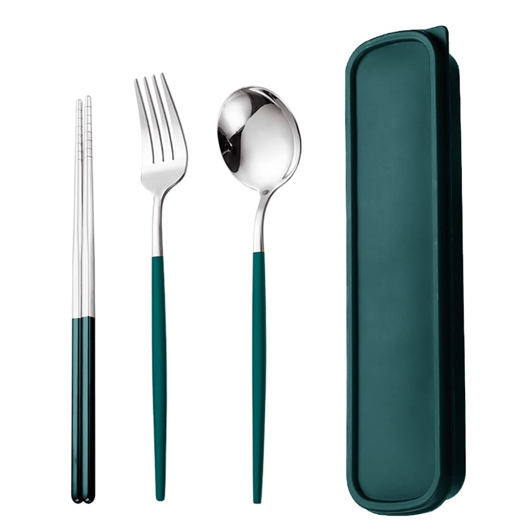 Stainless Steel Travel Utensil Set - 4 Piece Portable Cutlery Kit with Fork, Spoon & Chopsticks | Reusable Camping Flatware in Dark Green | Perfect for Hiking, Picnics & Outdoor Dining