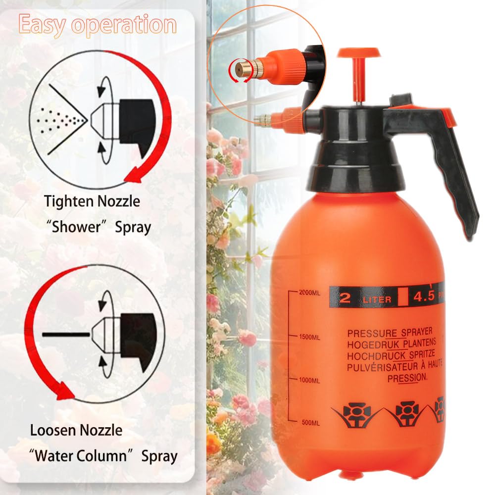 2 Pack 2L Handheld Garden Pump Sprayer - 0.5 Gallon Water Mist Spray Bottle for Plants, Lawn & Weed Control with Adjustable Brass Nozzle (Orange) - Perfect for Outdoor Gardening, Fertilizing & Pest Control