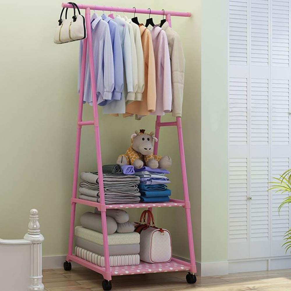 JHDPHd 4-Tier Colorful Clothes Rack with Wheels - Freestanding Wardrobe Storage Shelf for Bedroom, Pink (62.2×21.7×16.5 inches) | Space-Saving Clothing Organizer for Dorm, Closet, Laundry Room & Small Apartments