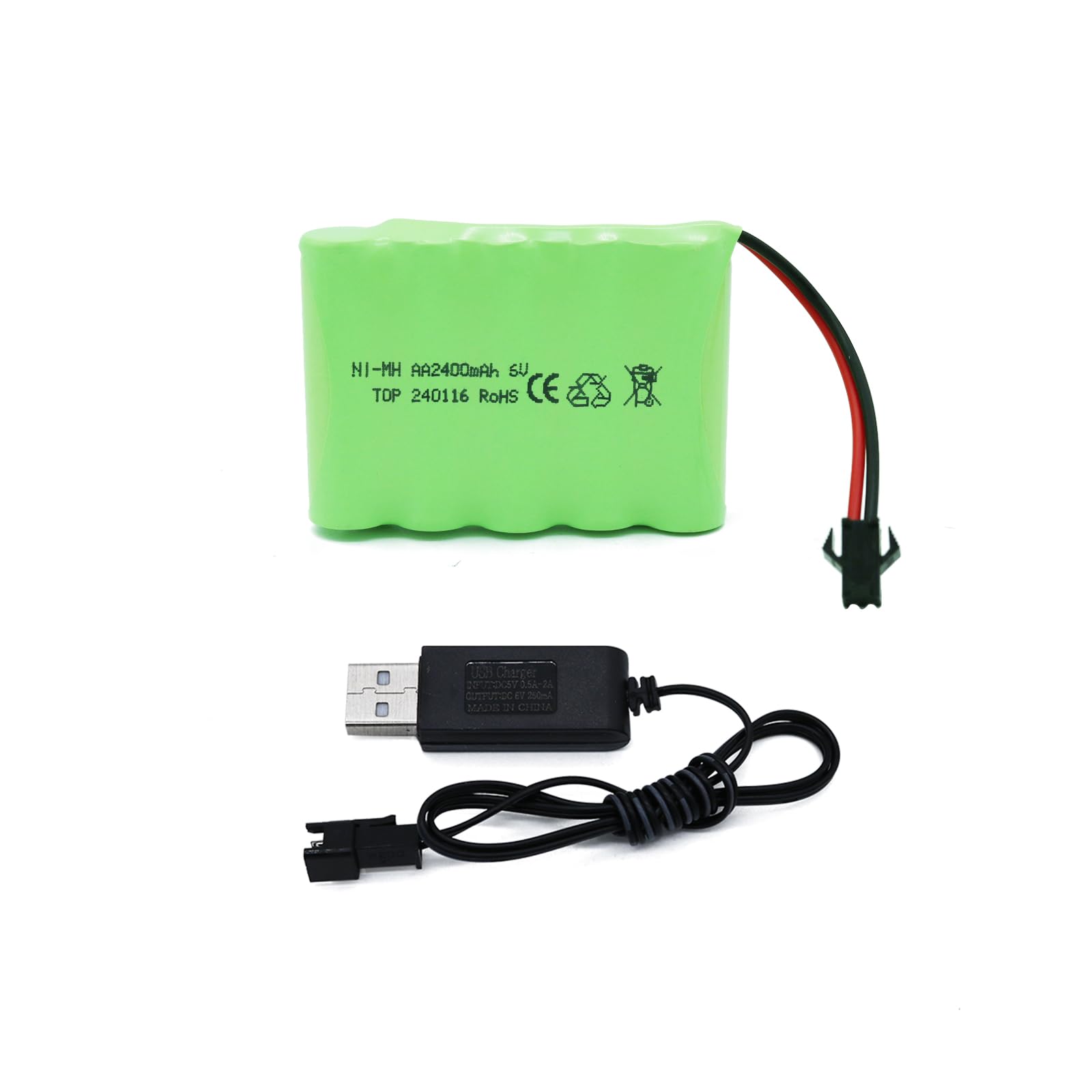 6V 2400mAh NiMH Rechargeable Battery Pack with SM-2P 2 Pin Plug & USB Charger for RC Cars, Trucks, Stunt Vehicles - Long Lasting Power for Remote Control Toys, Hobby Models and DIY Projects