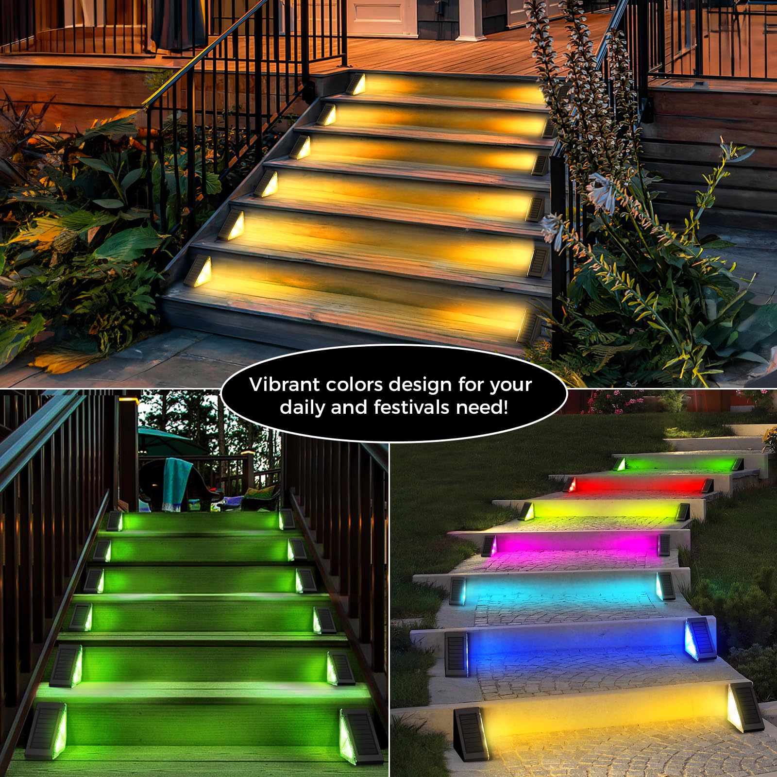 Solar Powered Outdoor Step Lights - 6 Pack Waterproof LED Stair Lights with RGB & Warm White Modes, Auto On/Off for Patio, Yard, Porch, Front Door, Garden Pathway (Ideal for Nighttime Safety & Landscape Lighting)