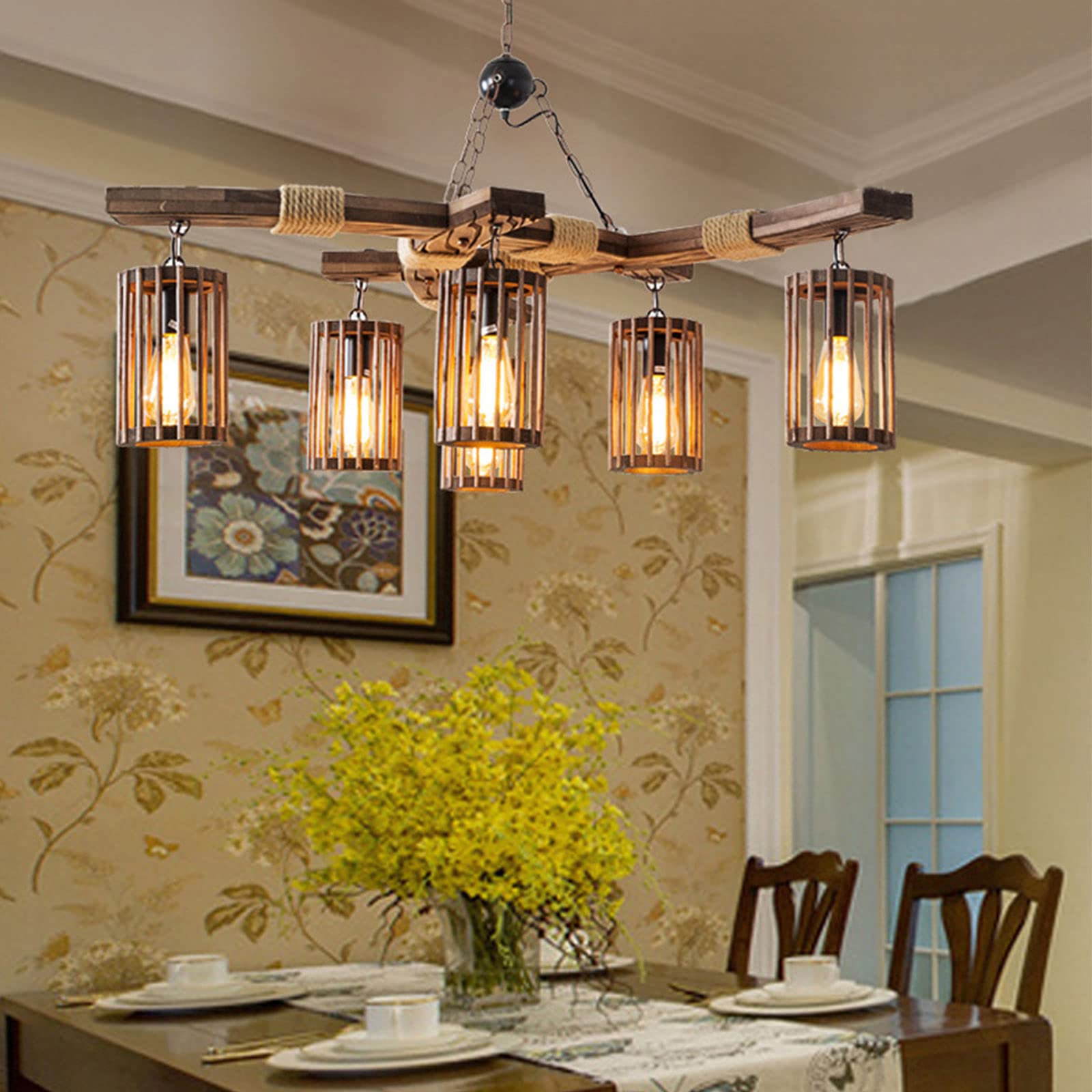 Vintage 6-Light Industrial Wooden Hanging Chandelier - Adjustable Height Black Metal Farmhouse Pendant Light with Wood Lampshade for Kitchen Island, Dining Room, Bar, Pool Table & Living Room Ceiling Lighting