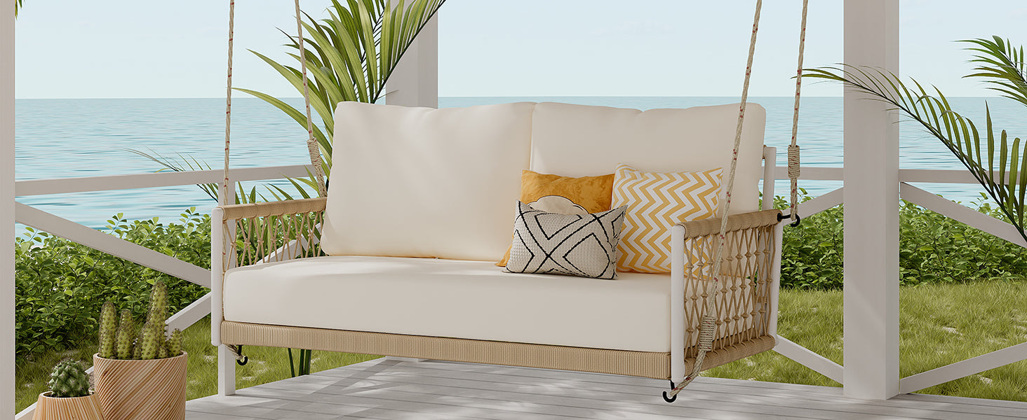 1 Piece Woven Rope Outdoor Swing Sofa with Soft Cushions - Seats 2 People - Perfect for Patio, Garden, Backyard, Balcony & Poolside Relaxation (Beige)