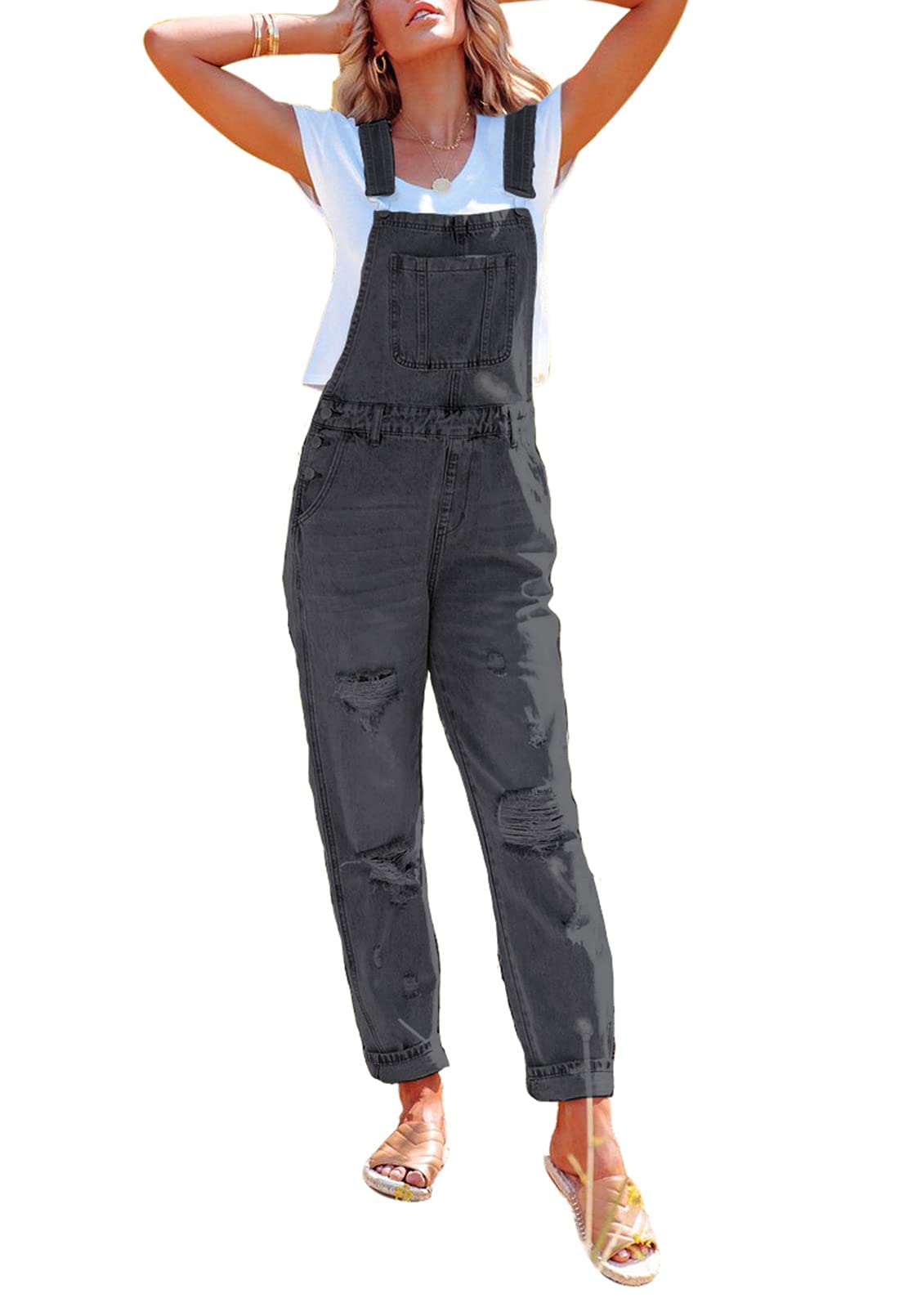 Fixmatti Women's Distressed Denim Jumpsuit - Ripped Jeans Overalls with Pockets | Casual Streetwear, Vintage Style Outfit for Everyday Wear & Fashion Photography