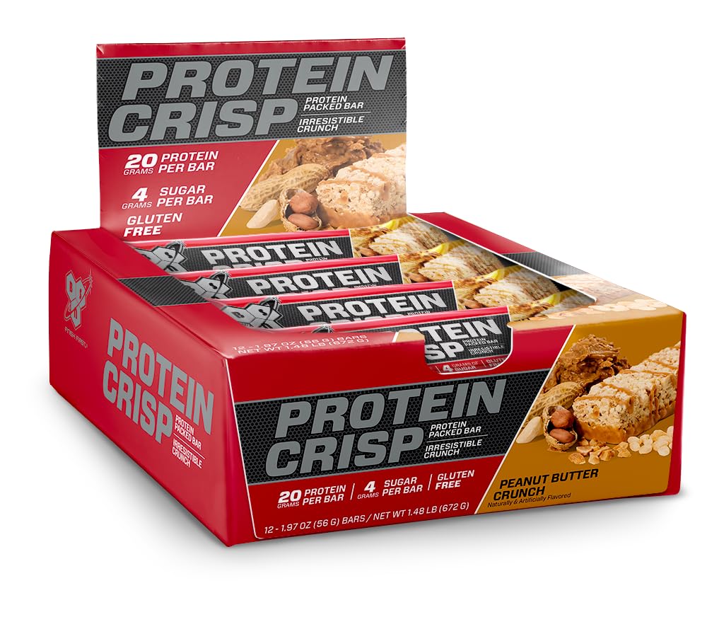BSN Protein Crisp Bar - High Protein Snack Bars with Whey Protein & Fiber, Gluten Free Peanut Butter Crunch (12 Count) - Perfect for Post-Workout Recovery & On-the-Go Nutrition