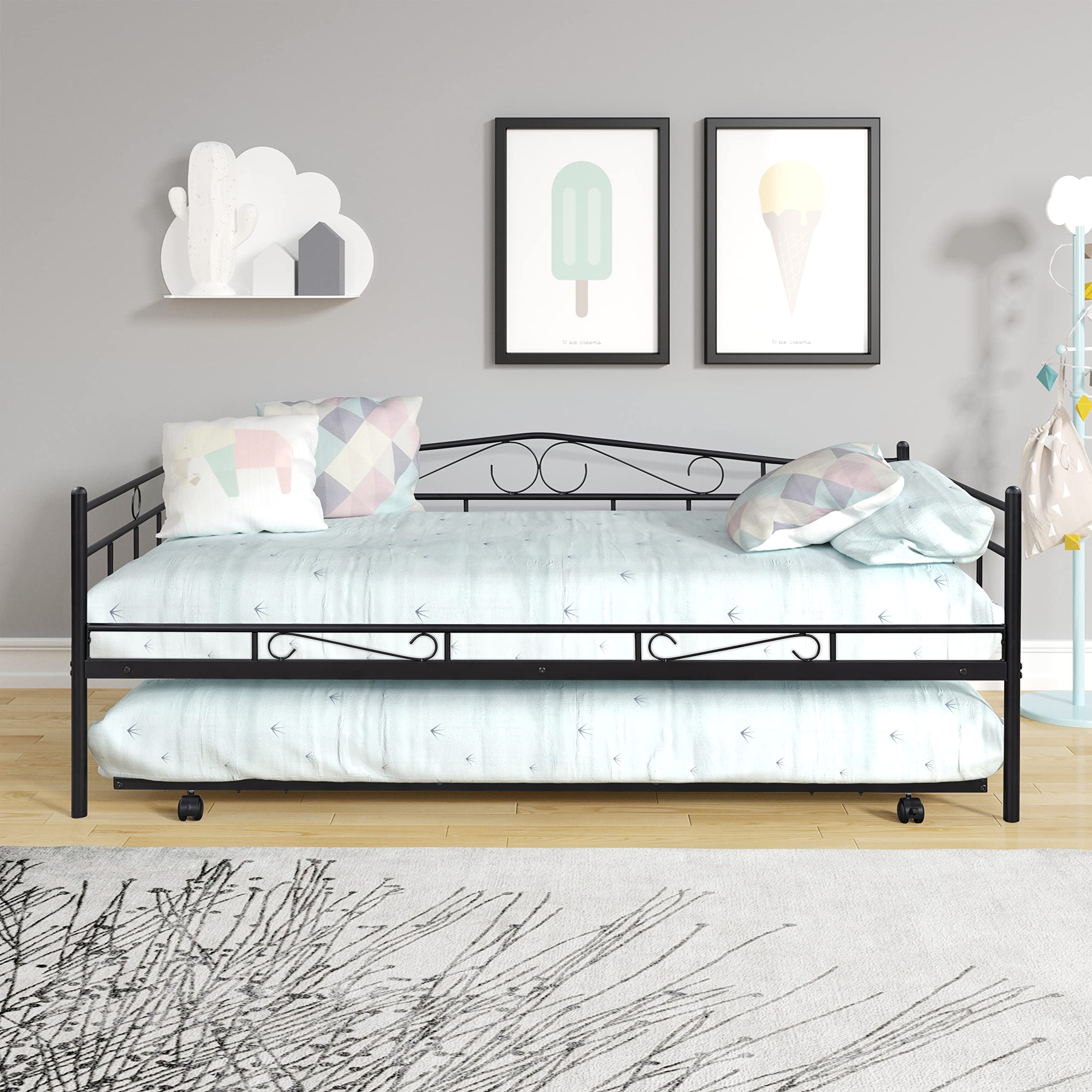 Twin Size Metal Frame Daybed with Pull-Out Trundle - Sturdy Sleeper Sofa for Teens & Adults - Perfect for Living Rooms, Guest Rooms & Small Spaces (Black)
