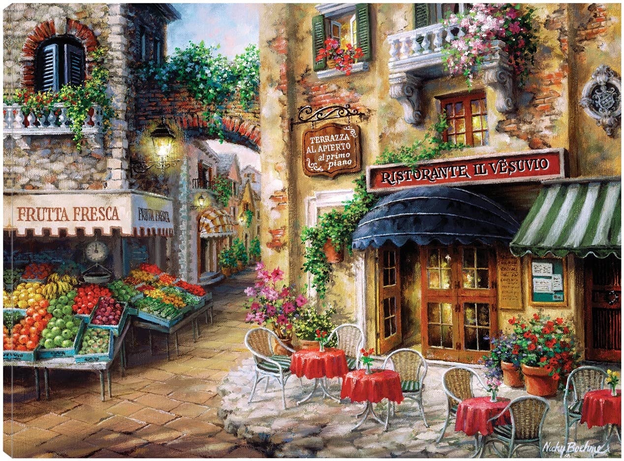 Large French Art Buon Appetito Canvas Wall Decor - 32x24 Inch Cityscape Painting by Artist Nicky Boehme - Elegant Living Room Wall Art for Dining Area & Home Decor