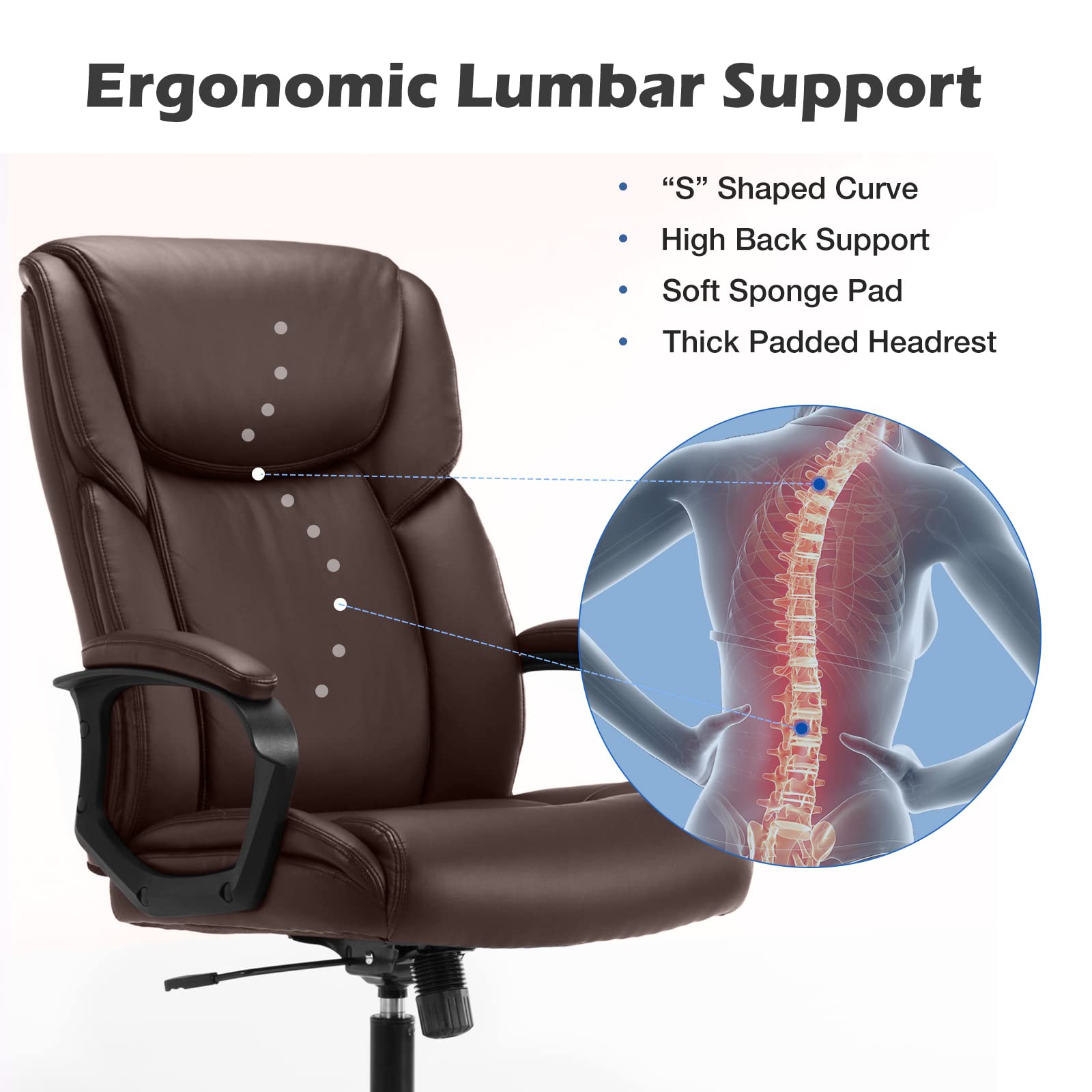 Premium Ergonomic Office Chair for Heavy People - High Back PU Leather Executive Desk Chair with Lumbar Support, Adjustable Height & 360° Swivel Wheels - Perfect for Home Office, Gaming & Workspaces