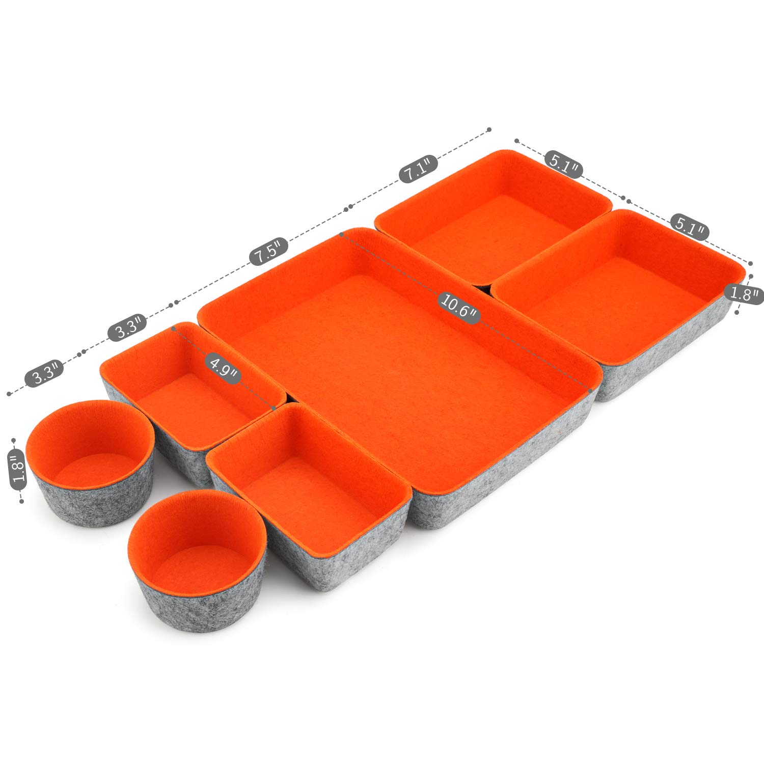 Welaxy 7-Piece Felt Drawer Organizer Set - Desk Storage Bins, Small Drawer Dividers for Office, Closet, Makeup & Cabinet Organization (Orange) - Perfect for Home, Office & Travel Use