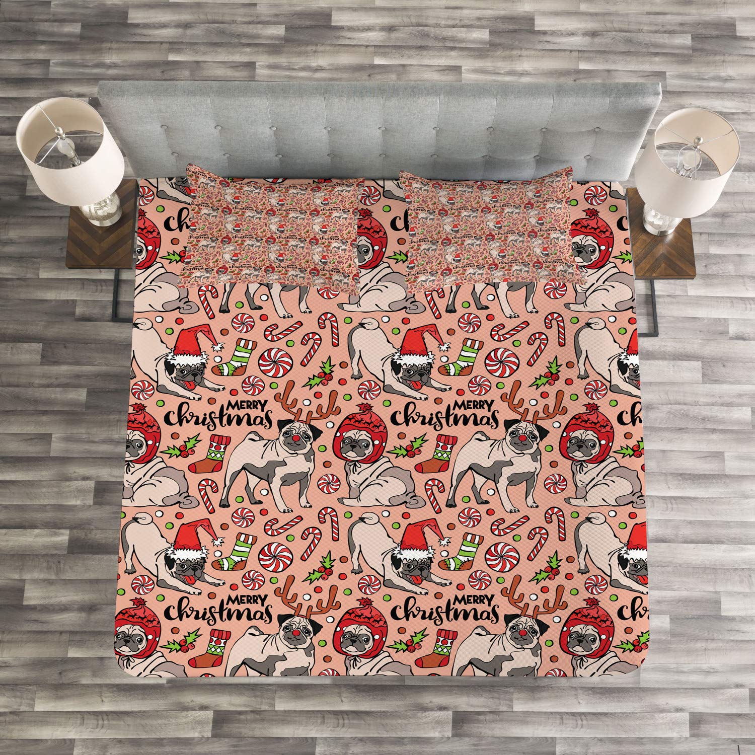 Ambesonne Pug Dog Christmas Bedspread Set - 3 Piece Holiday Bedding with 2 Pillow Shams, King Size, Rose Red & Green - Festive Dog Lover Gift for Bedroom Decor