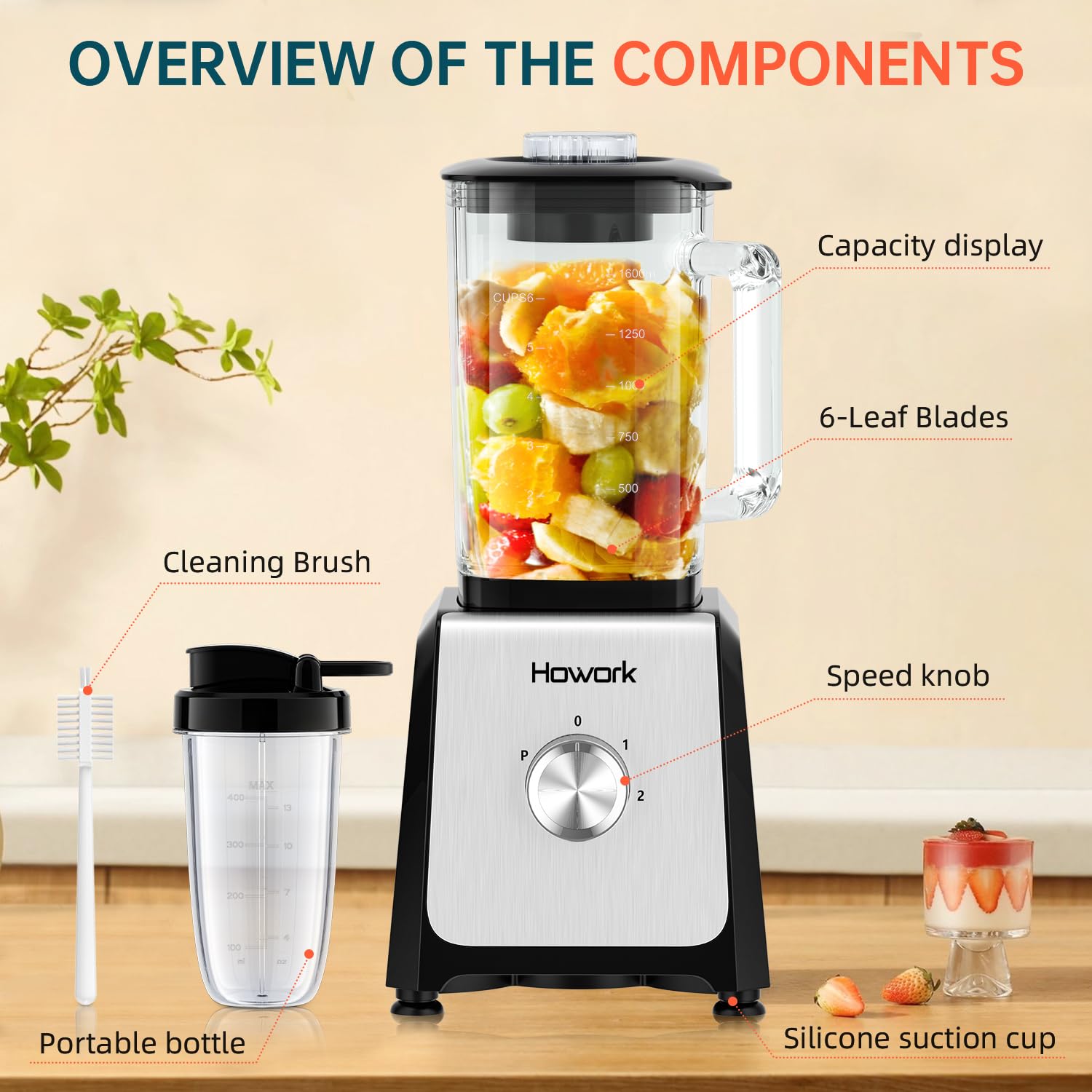 HOWORK 750W High-Speed Blender with 56oz Glass Jar & 16oz Portable Cups - 3 Functions for Smoothies, Frozen Drinks & Ice Cream - Perfect for Home Kitchen, Gym & Office Use