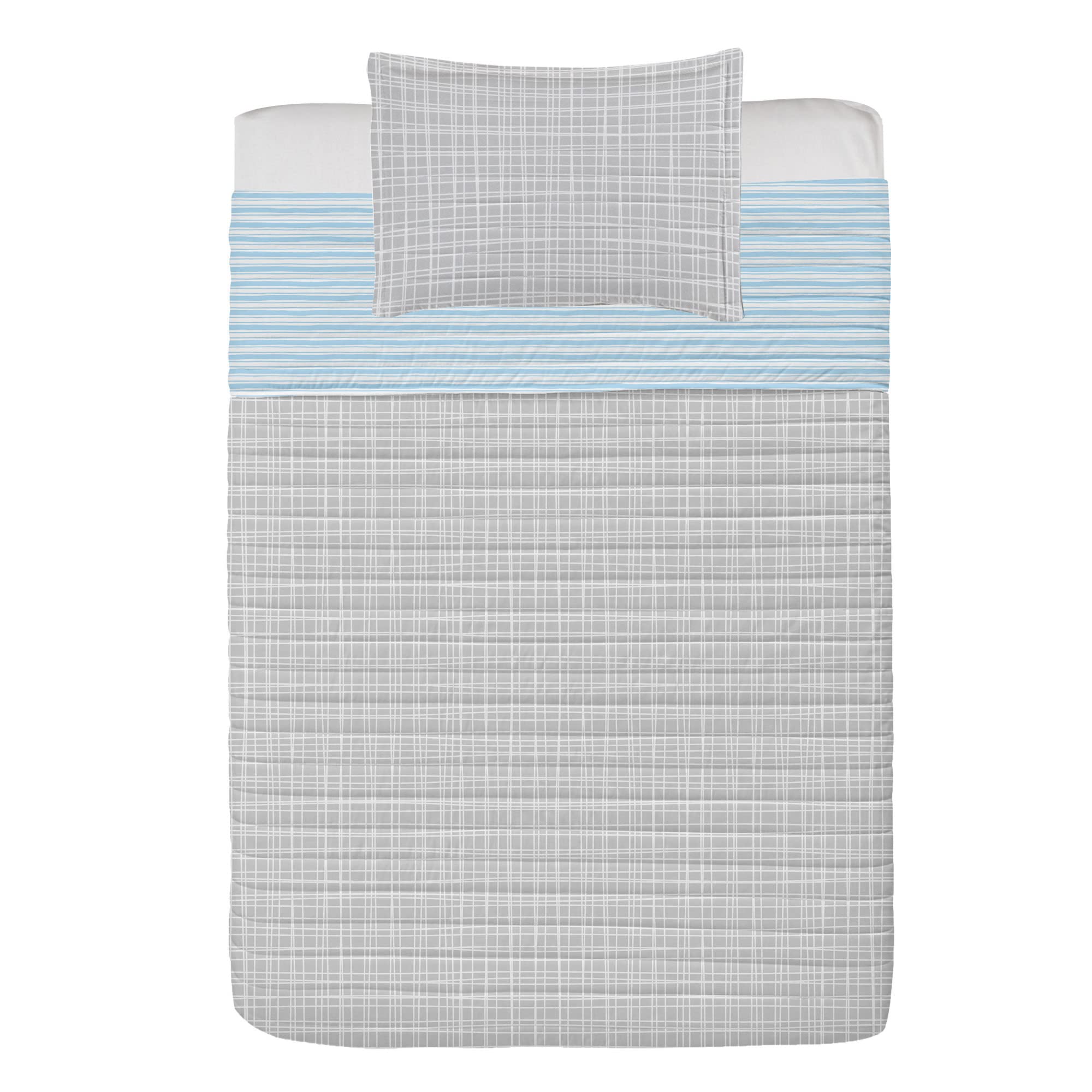Ambesonne Reversible Twin Size Bedspread Set with Pillow Shams - Soft Microfiber Geometric Striped Comforter in Pale Blue & White - Coastal Nautical Theme for Bedroom Decor