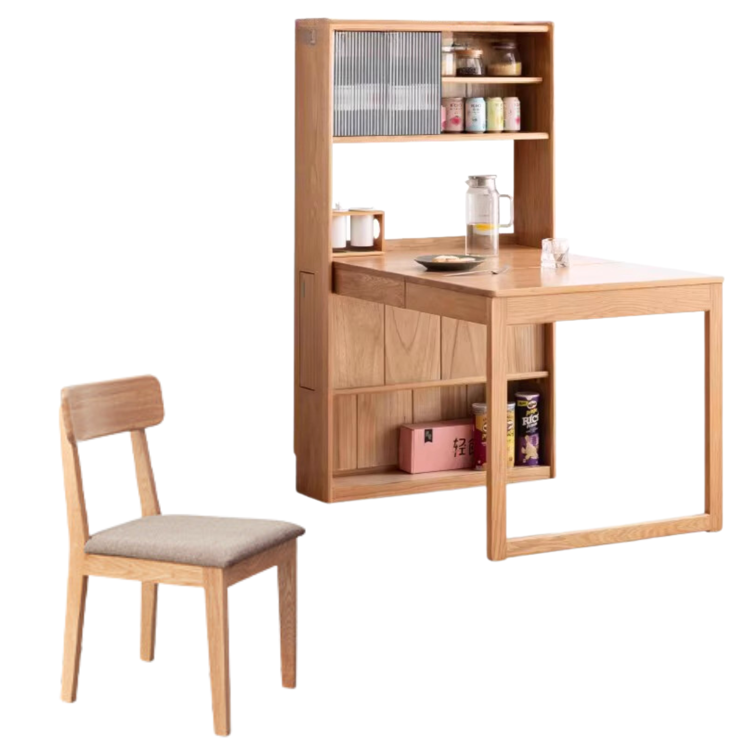 out of stock 45.6-68.5x33x59 inch / 116-174x84x150 cm / Natural Wood Color / Telescopic dining table + 4 chairs