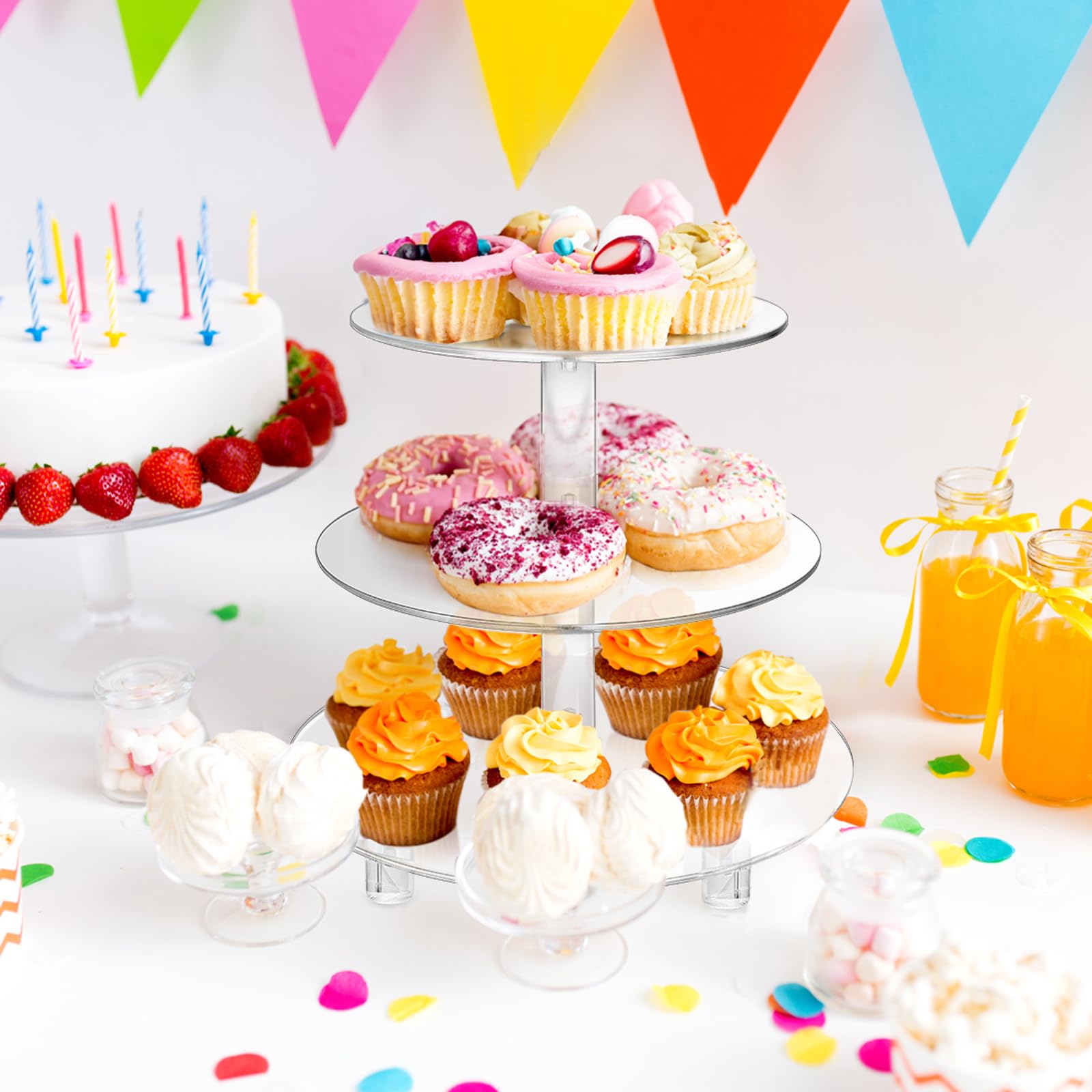 3-Tier Acrylic Cupcake Stand - Clear Round Dessert Display Tower for Birthday, Wedding, Baby Shower - Reusable Pastry Holder for Parties, Buffets & Catering Events