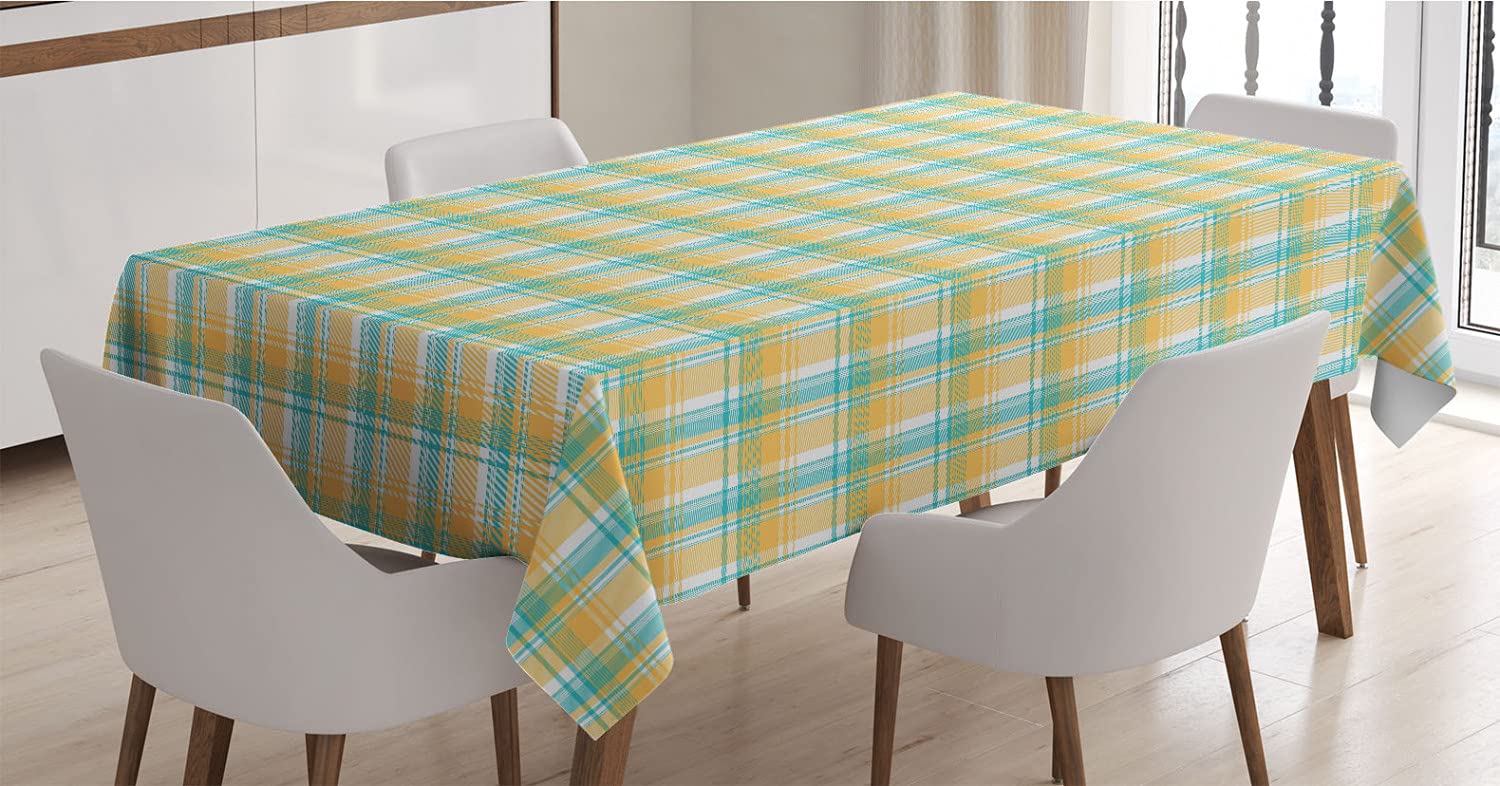 Ambesonne Tartan Tablecloth - Abstract Geometric Checkered Design on Plain Background, 60x84 Inch Rectangle Satin Dining Table Cover - Dark Seafoam & Pale Orange - Perfect for Kitchen, Dining Room, and Holiday Decorations