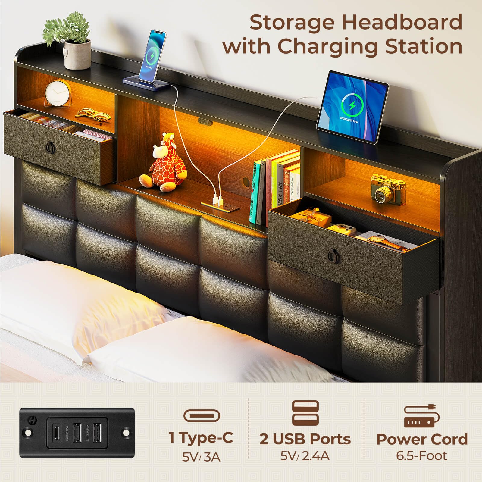 Rolanstar Full Size Upholstered Platform Bed Frame with Storage Drawers, USB Charging Station & LED Headboard - Heavy Duty Metal Frame, No Box Spring Needed, Noise Free, Black - Perfect for Small Bedrooms, Guest Rooms & Modern Apartments
