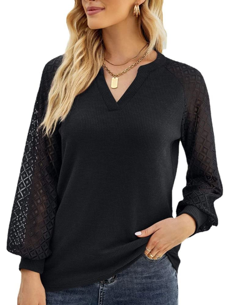 Trendy Women's V-Neck Long Sleeve Lace Hollow-Out Loose Casual Waffle Tee Blouse Tops - Perfect for Everyday Wear, Date Nights & Office Outfits
