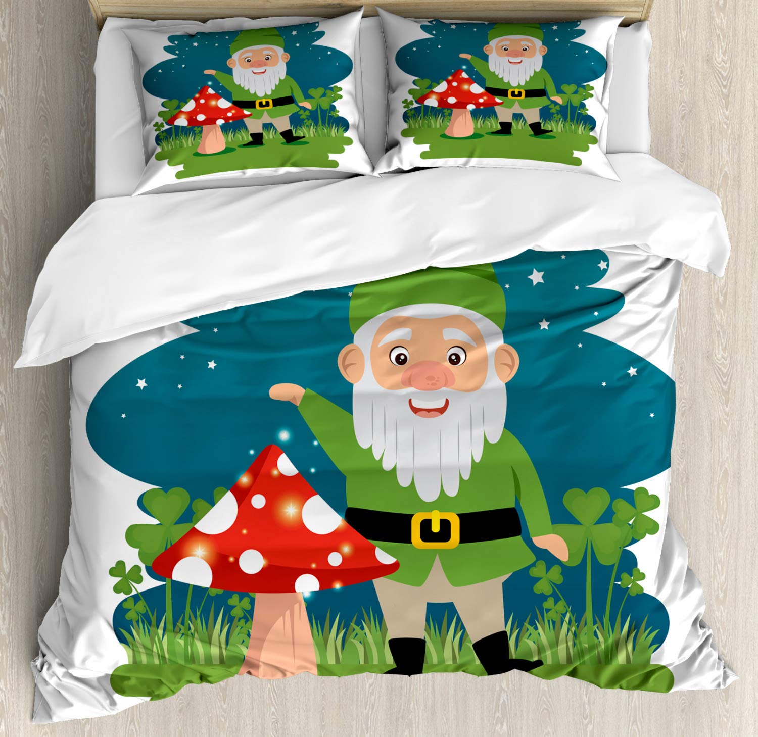 Ambesonne Gnome Duvet Cover Set - Funny Elf with Mushroom in Forest at Magic Starry Night Noel Celebration - 3 Piece King Size Bedding Set with 2 Pillow Shams in Fern Green & Petrol Blue - Perfect for Christmas Decor, Fantasy Themed Bedrooms & Cozy Winter Nights