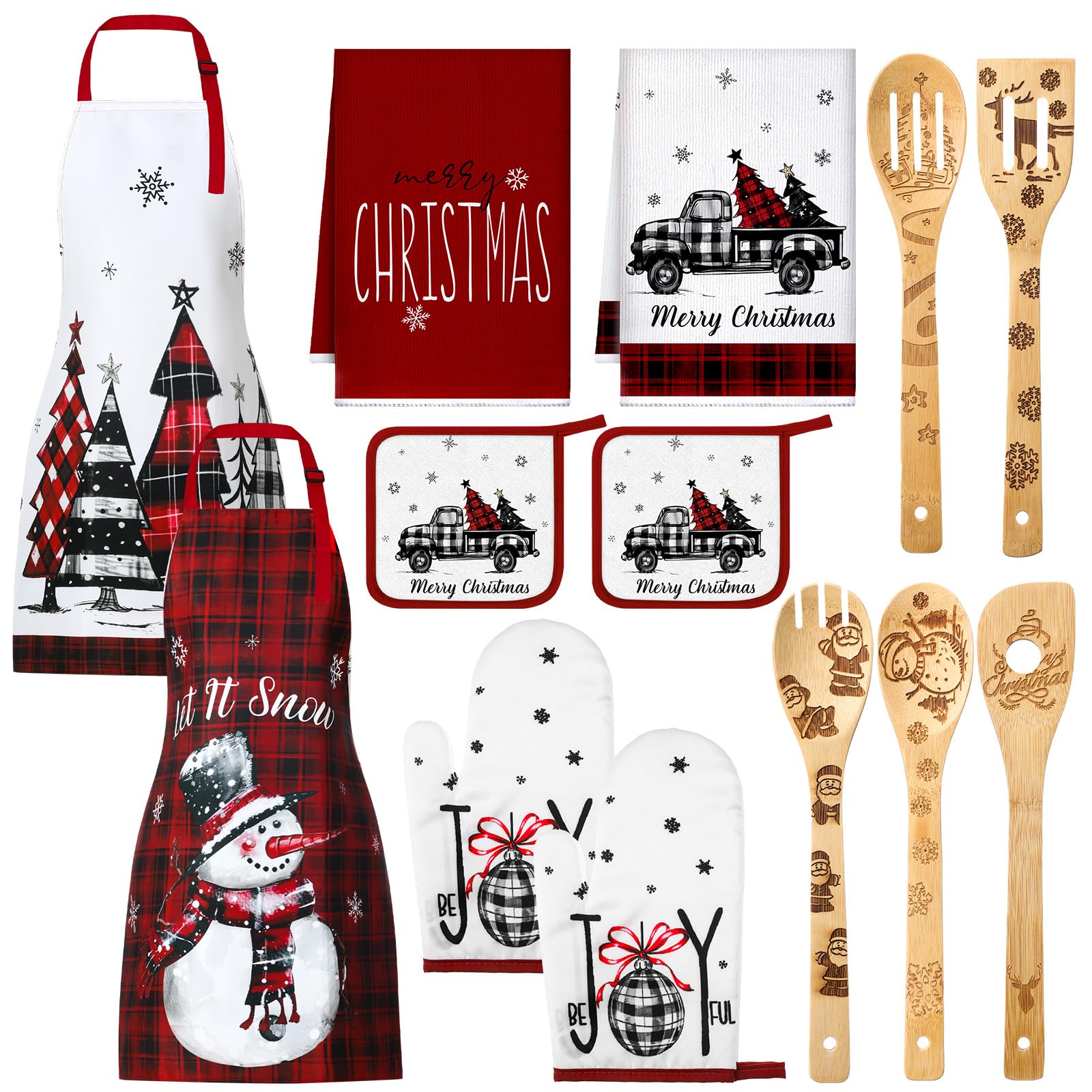 Bencailor 13-Piece Farmhouse Kitchen Towel Set with Oven Mitts, Pot Holders, Aprons & Wooden Spoons - Red White Tree Design for Rustic Cooking, Baking & Home Decor