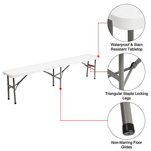 6FT Sturdy Foldable Bench with Half-Folding Desktop - Durable Plastic Portable Folding Bench for Indoor & Outdoor Use - Perfect for Extra Seating in Gardens, Patios, Camping, and Small Spaces