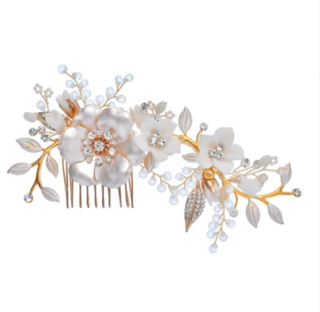 RUVOO Bridal Hair Side Comb - White Gold Floral Pearl Wedding Hair Clip for Bride, Bridesmaid & Prom - Elegant Hair Accessories for Weddings, Parties & Special Occasions