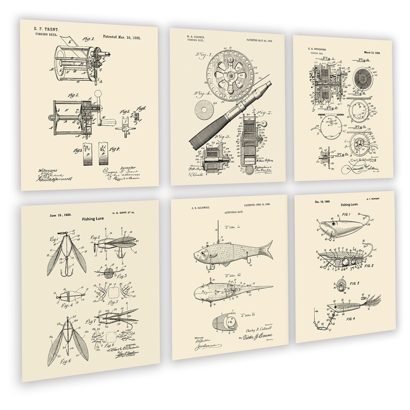 Fishing Wall Art Decor - Set of 6 Unframed Lure & Reel Prints in Cream Beige - Perfect Gift for Anglers & Dad - Ideal for Man Cave, Office, or Cabin Decor