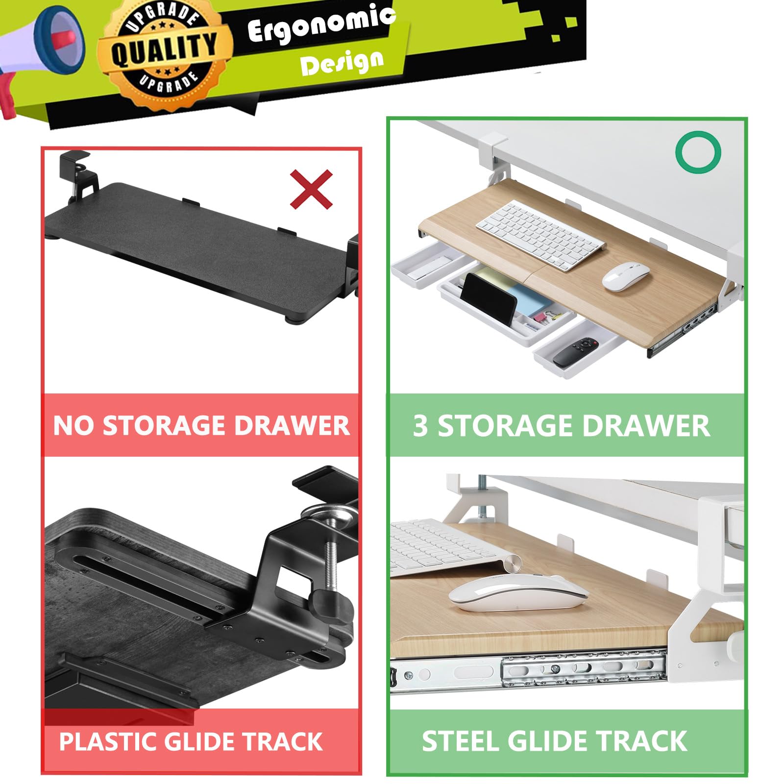 Ergonomic Under Desk Keyboard Tray - Adjustable 180° C-Clamp for L-Shaped Desks (26.77