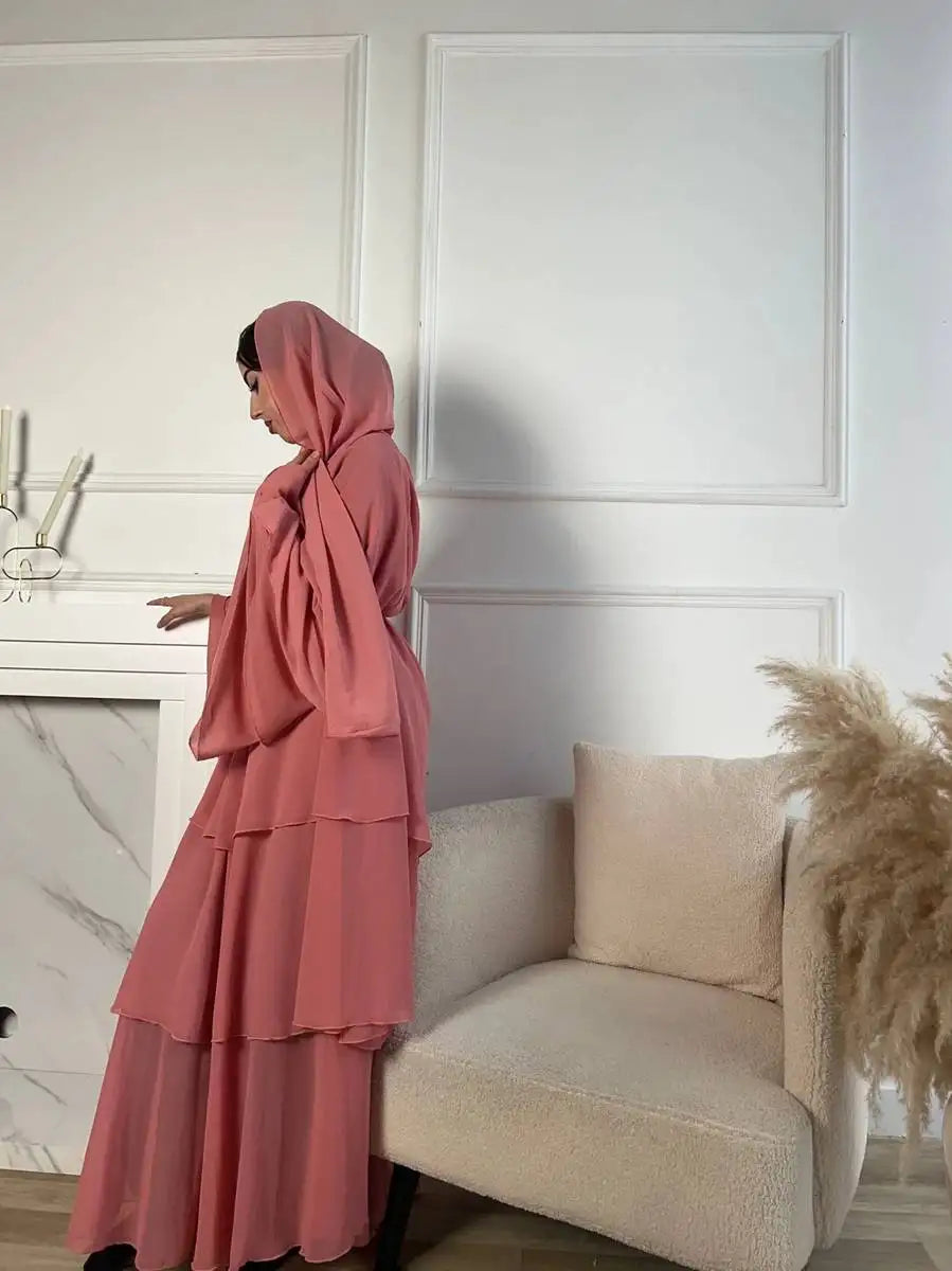 3 Layer Chiffon Muslim Mother Daughter Matching Abaya Dress with Hijab Scarf - Elegant Islamic Clothing for Women & Girls, Perfect for Eid, Prayer, Wedding & Special Occasions
