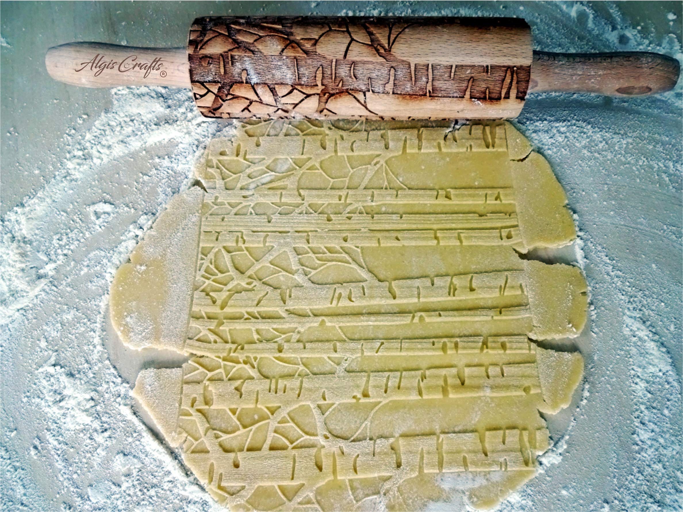 Algis Crafts Engraved Wooden Rolling Pin - Birch Embossed Dough Roller for Cookies & Clay | Perfect for Baking, DIY Crafts & Holiday Cookie Decorating