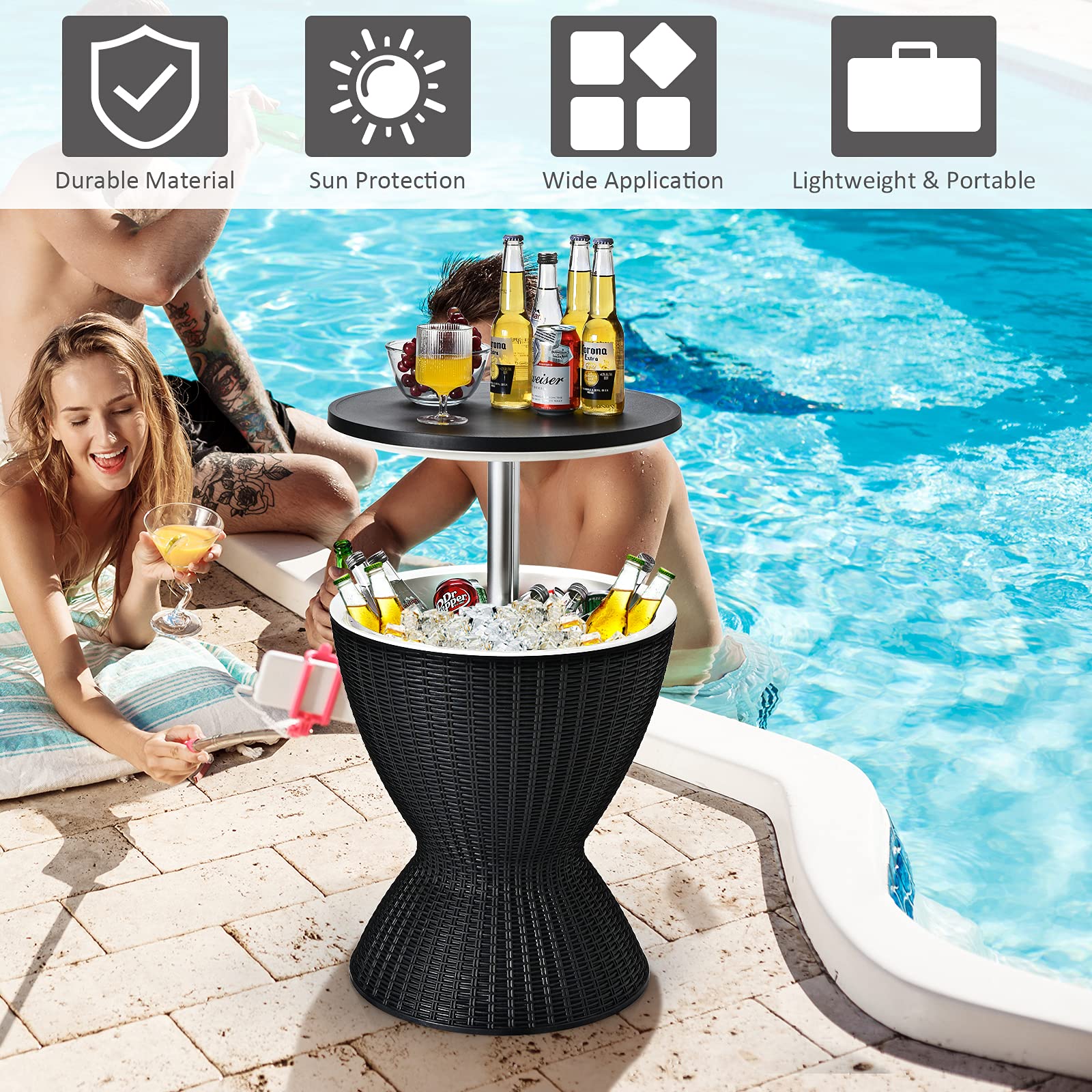 Byroce 8 Gallon Outdoor Cooler Side Table - Rattan Style Patio Bar Table with Built-in Beer & Wine Cooler - All-Weather Poolside & Hot Tub Cocktail Table for Backyard, Deck, BBQ Parties & Outdoor Entertaining