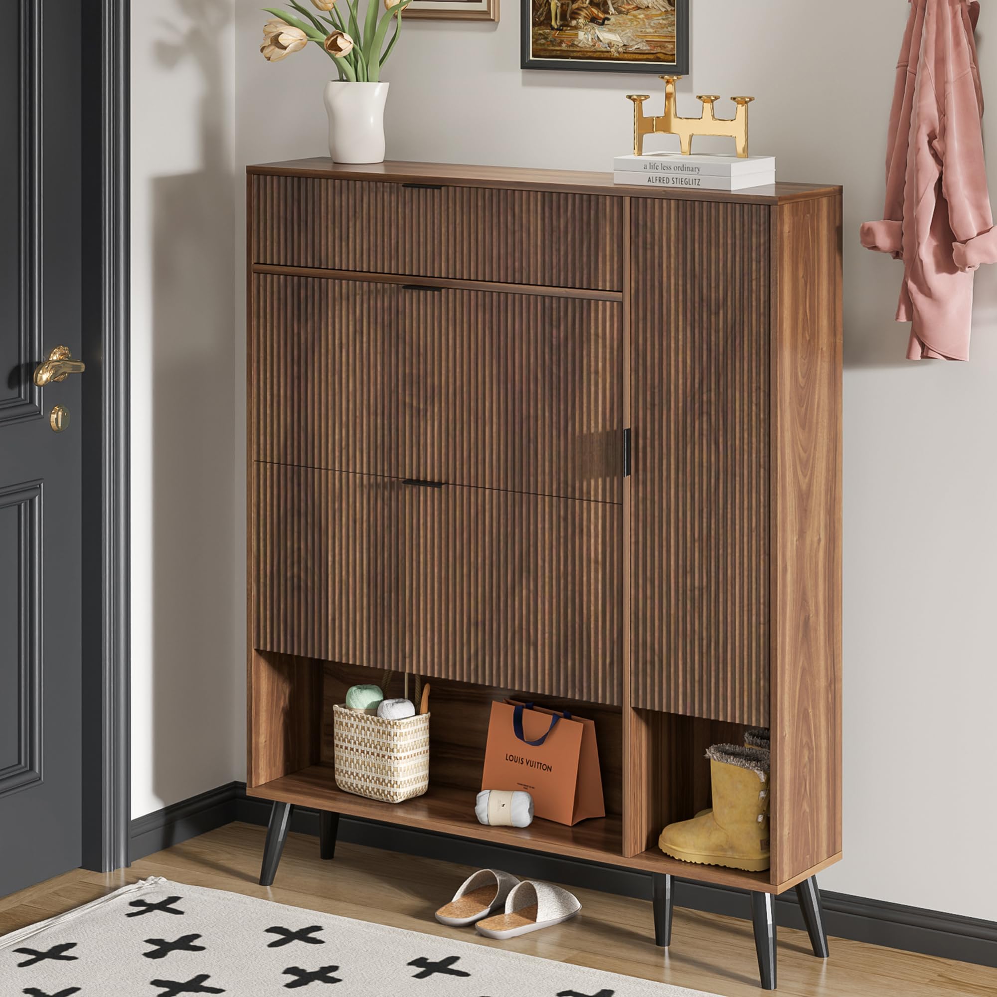 Shoe Storage Cabinet with 2 Flip Drawers - Narrow Freestanding Organizer with Doors & Adjustable Shelf - Slim Hidden Entryway Cabinet in Walnut - Perfect for Small Spaces, Closets & Mudrooms