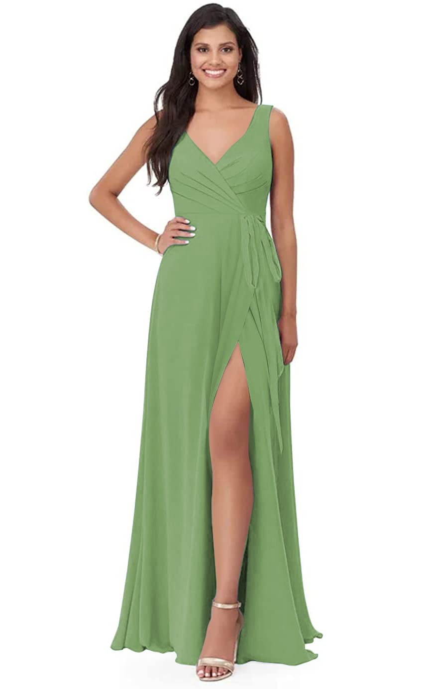 Elegant Split V-Neck Chiffon Bridesmaid Dress - Long A-Line Formal Evening Gown with Pleated Skirt & Belt for Women | Perfect for Weddings, Prom, Parties & Special Occasions