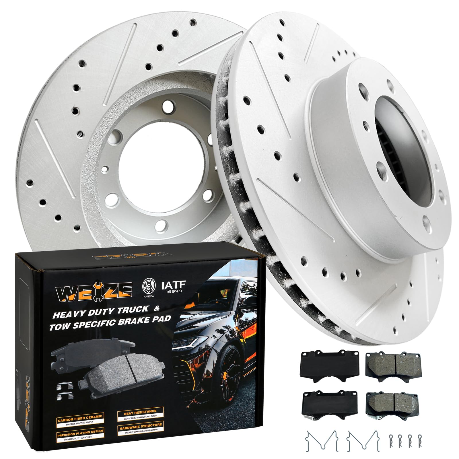 WEIZE Front Truck & Tow Brake Kit - Carbon Fiber Ceramic Brake Pads & Drilled/Slotted Rotors - Compatible with Toyota Tacoma, 4Runner, FJ Cruiser - Heavy Duty Towing & Off-Road Performance