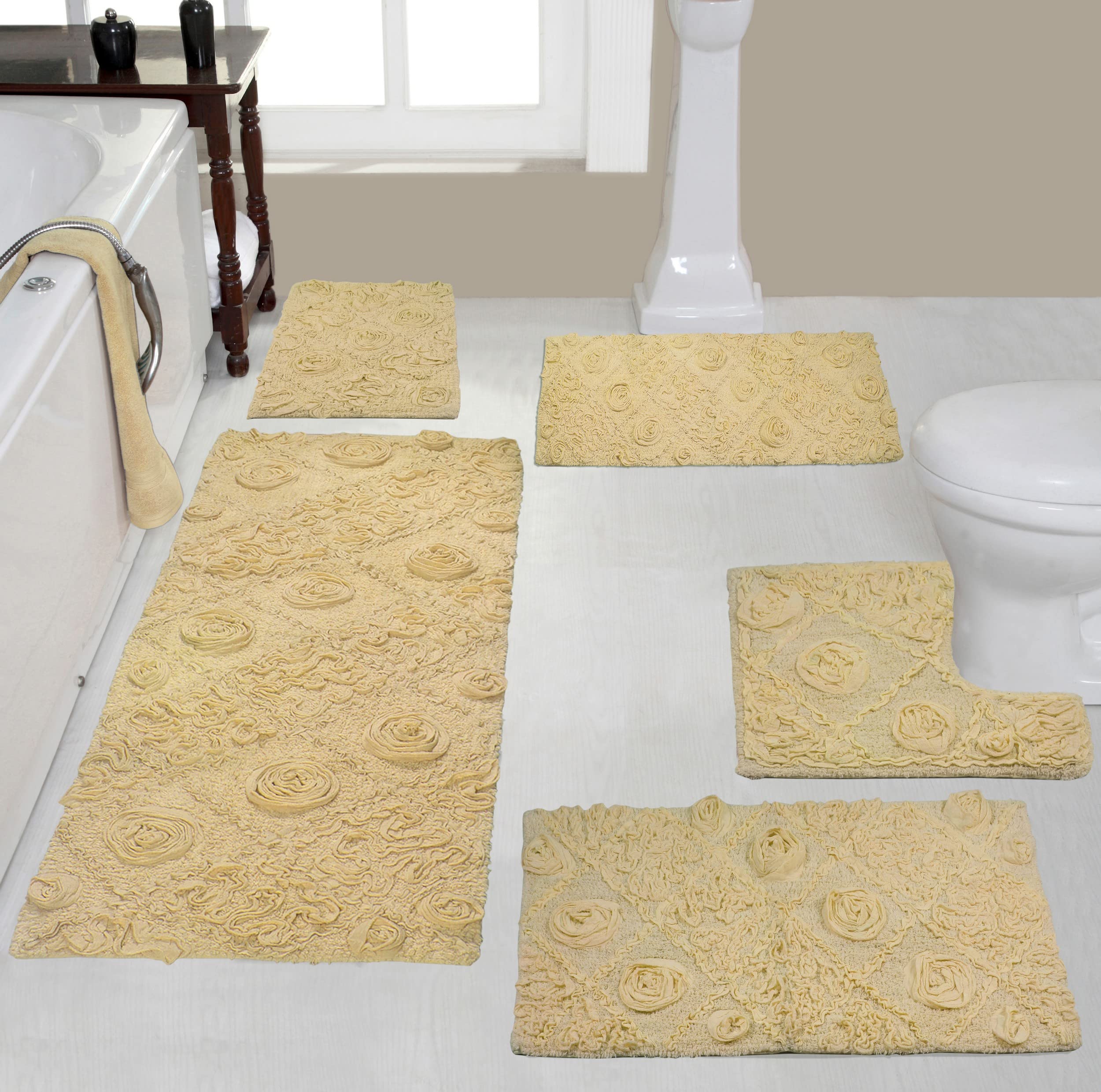 Home Weavers Modesto 100% Cotton 5-Piece Bath Rug Set - Ultra Soft, Absorbent & Washable Non-Slip Bath Mats for Bathroom & Kitchen Floor - Includes Contour Mat in Yellow | Perfect for Modern Homes & Spa-Like Bathrooms